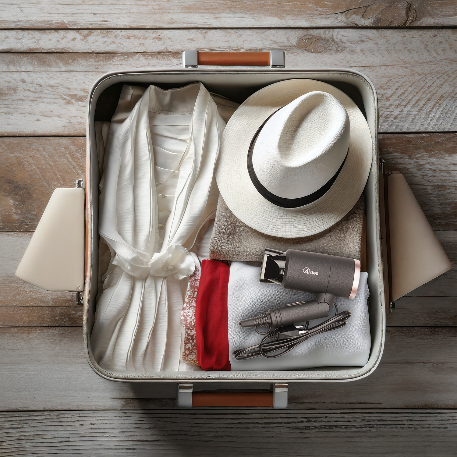 Valigia aperta con accappatoio bianco, cappello, asciugamano, capo rosso, asciugacapelli. Sfondo in legno. Preparativi viaggio.