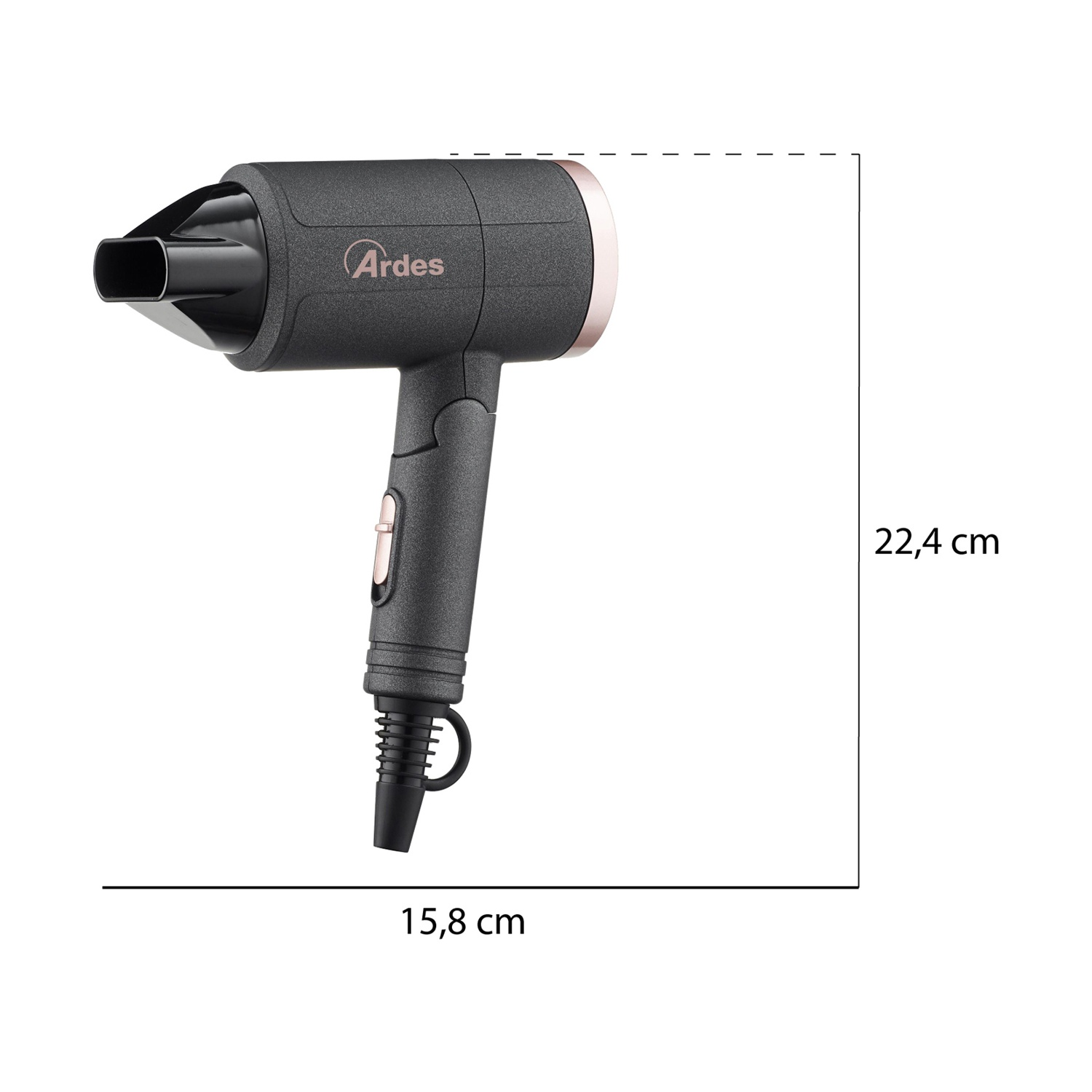 Un asciugacapelli Ardes nero e oro rosa con dimensioni di 22,4 cm di altezza e 15,8 cm di larghezza, su sfondo bianco.