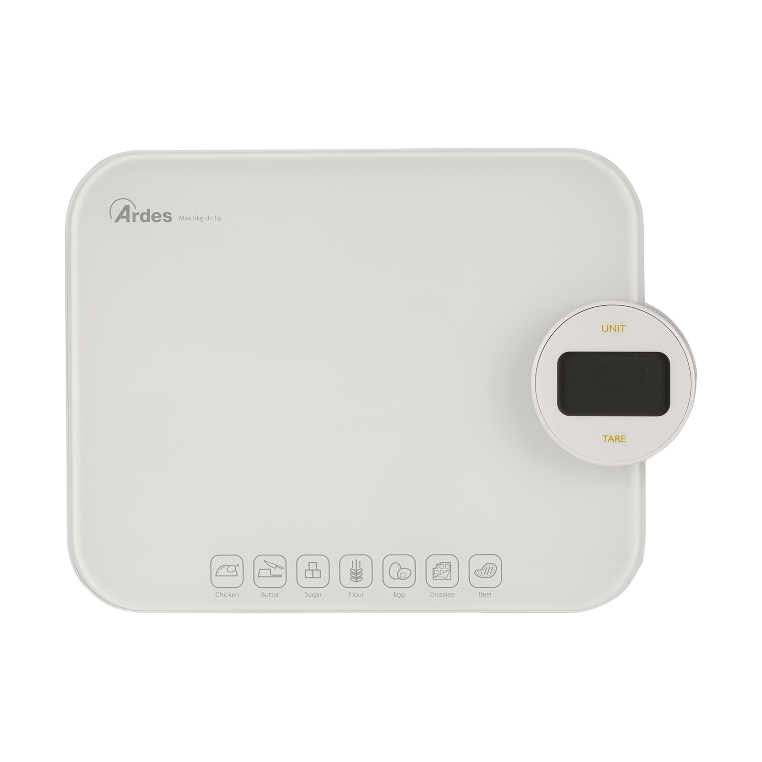 Bilancia da cucina bianca con display digitale e icone per ingredienti come pollo, burro, zucchero, farina, uovo, cioccolato e manzo.