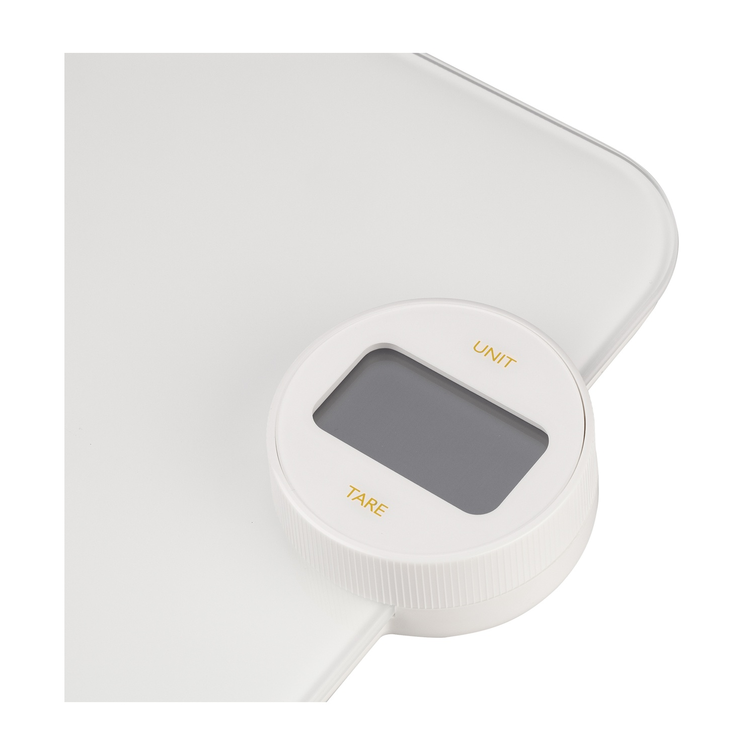 Una bilancia digitale bianca con display rotondo che mostra 'UNIT' e 'TARE'. La bilancia è su una superficie bianca. Il display è grigio.