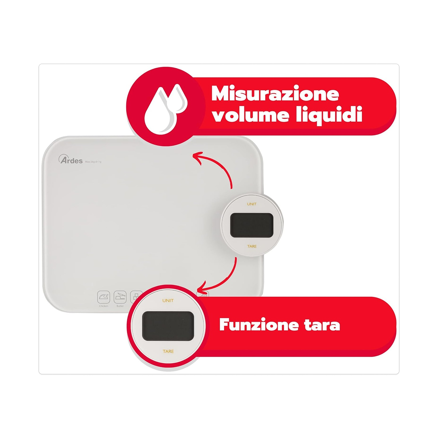 Una bilancia da cucina bianca con pulsanti, display ed etichette rosse che indicano il volume del liquido e la funzione tara.