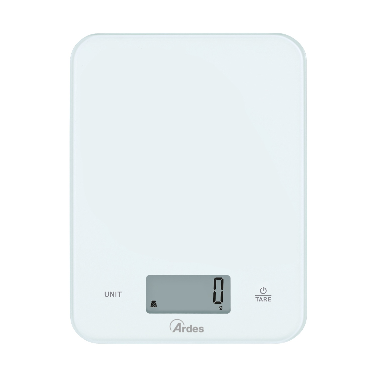 Una bilancia da cucina digitale bianca con display digitale '0 g'. Il marchio 'Ardes' è visibile. La bilancia è rettangolare.