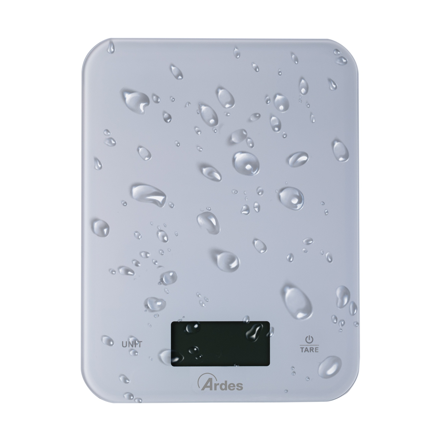 Una bilancia da cucina digitale con gocce d'acqua. Ha un display nero e pulsanti. Il marchio 'Ardes' è visibile.
