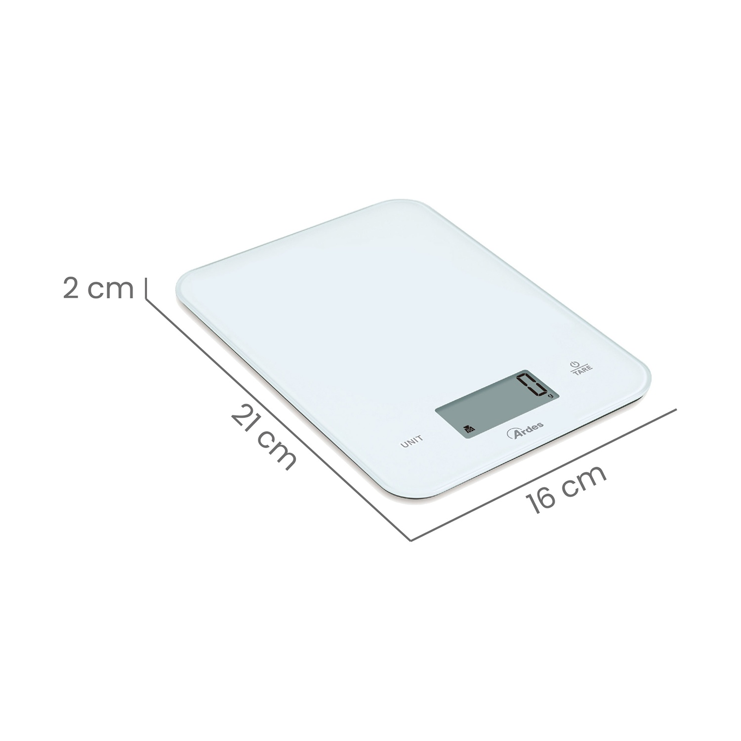 Una bilancia da cucina digitale bianca con dimensioni di 21 cm x 16 cm. Ha un display digitale e il marchio Ardes è visibile.