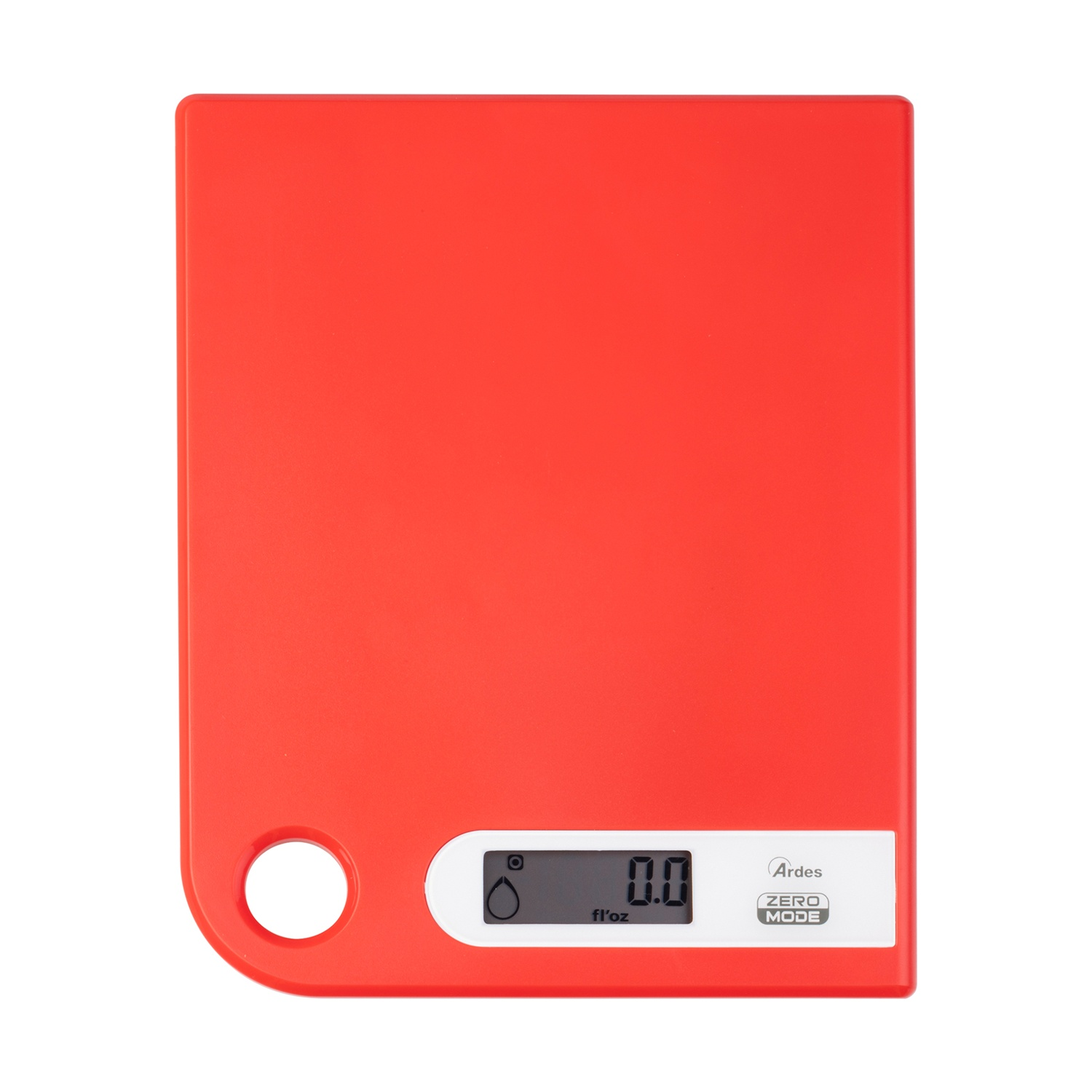 Una bilancia da cucina rossa, marca Ardes, mostra 0.0. Presenta un display digitale, un foro rotondo e un pulsante bianco Zero Mode.