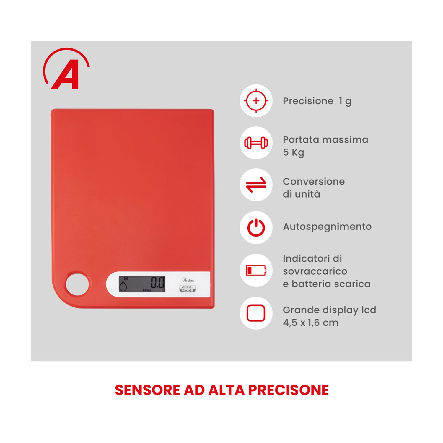 Bilancia da cucina rossa con display digitale. Caratteristiche: precisione, peso max, conversione unità, autospegnimento e indicatore batteria scarica.