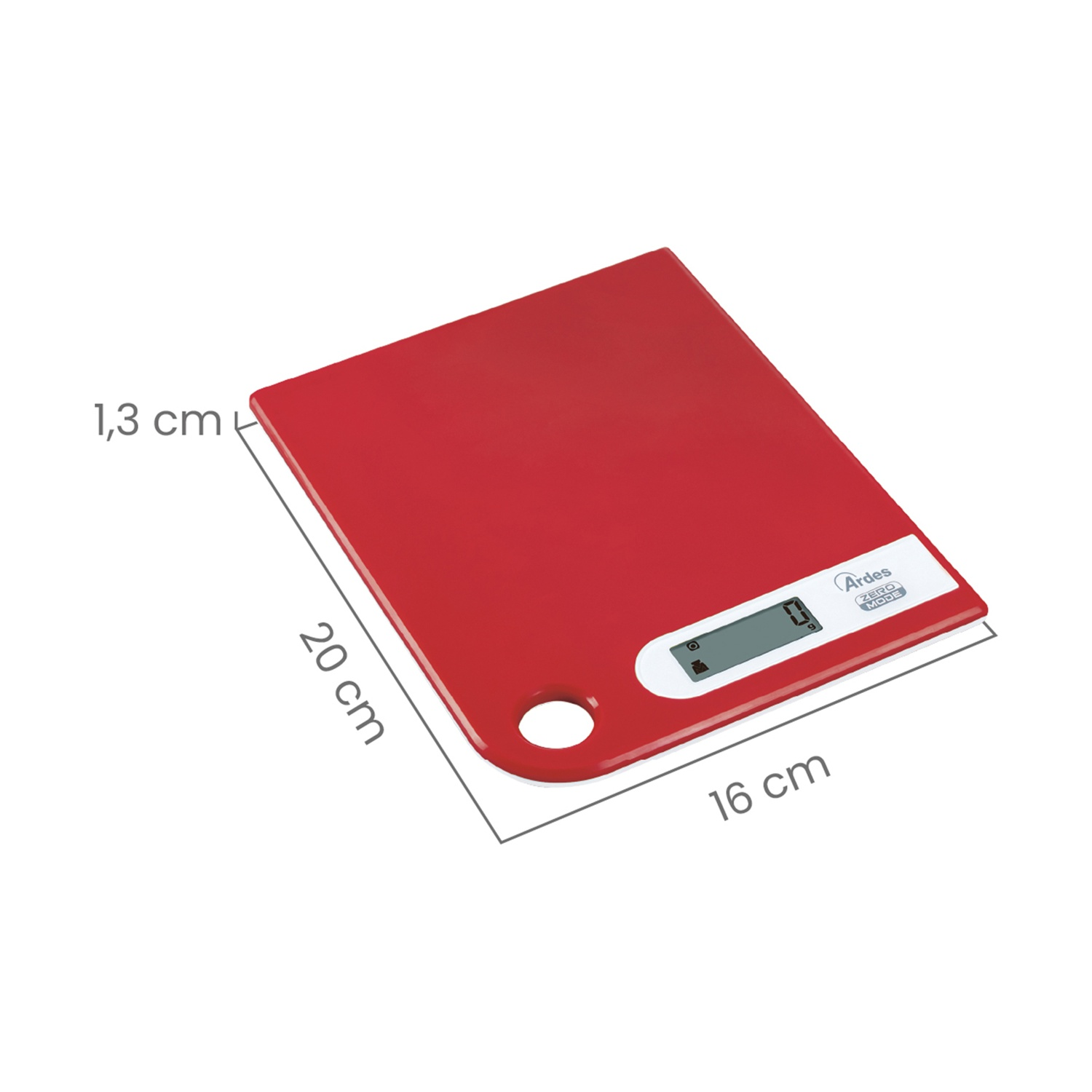 Una bilancia da cucina rossa. È rettangolare con bordi arrotondati. Ha un piccolo display e un foro in un angolo.