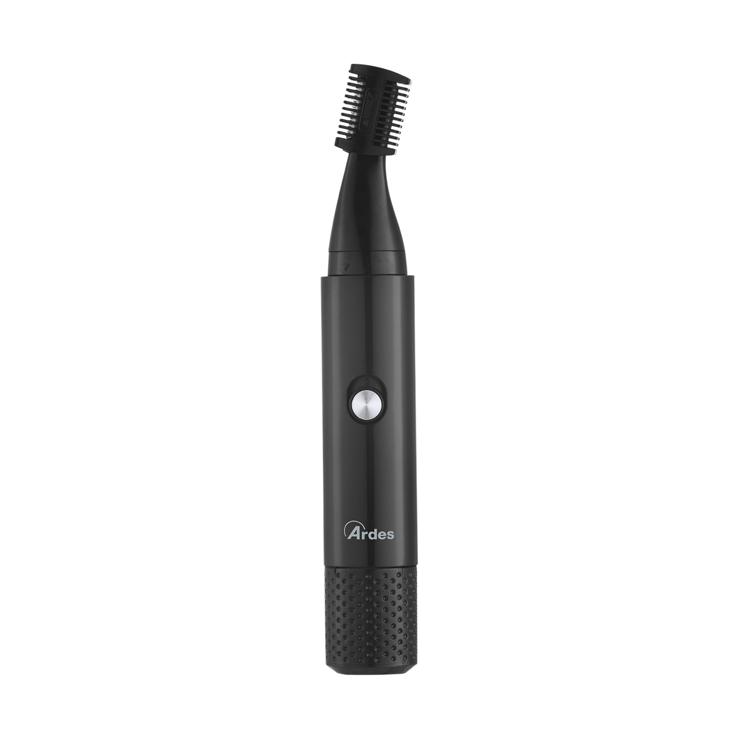Un tagliacapelli per naso Ardes nero con bottone argentato e testina a pettine su sfondo bianco.