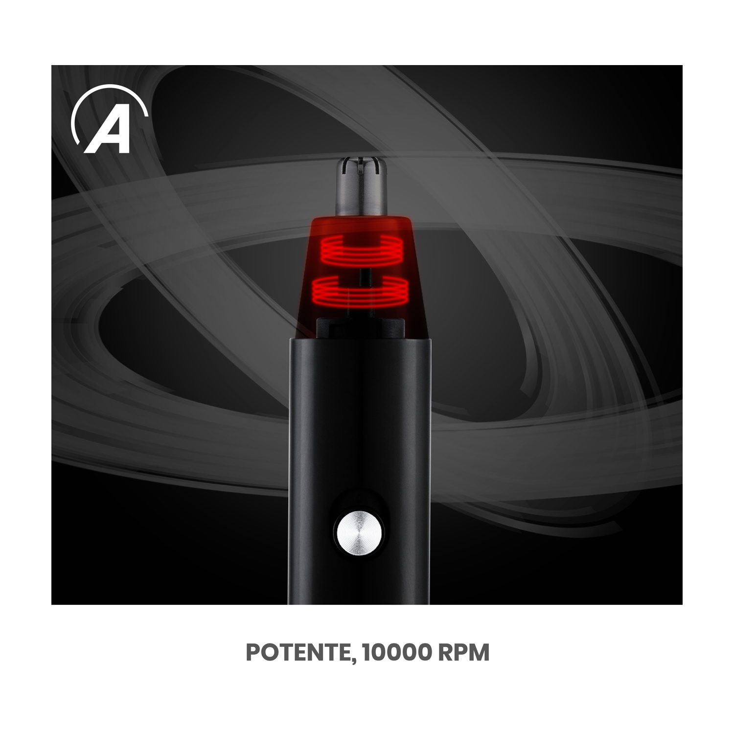 Tagliacapelli per naso nero con dettaglio a spirale rossa. Lo sfondo è nero con vortici grigi e un logo bianco.