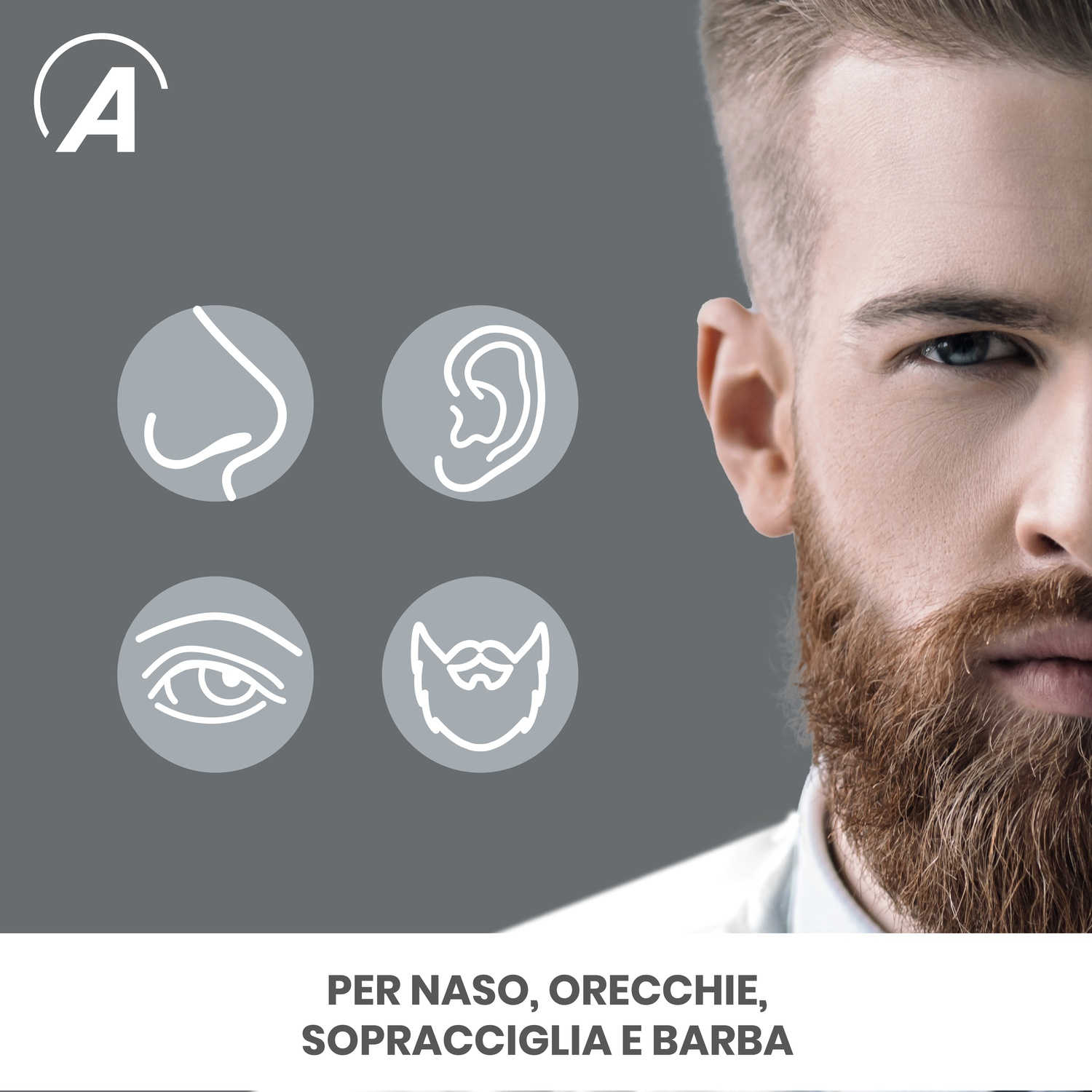 È mostrato un uomo con barba e capelli. A sinistra ci sono icone di naso, orecchio, occhio e barba. Il testo recita 'per naso, orecchie, sopracciglia e barba'.