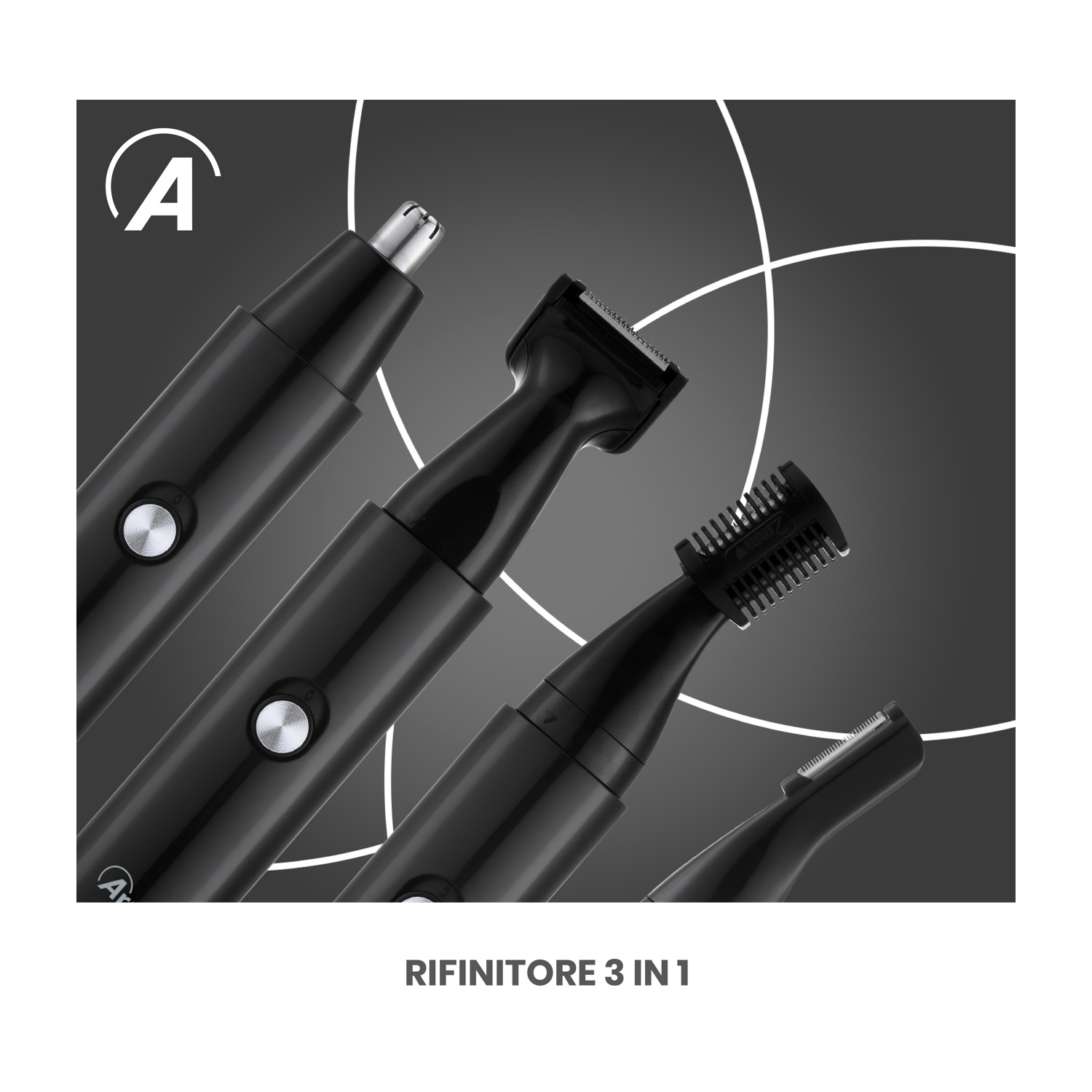 Primo piano di un kit per la cura della persona 3 in 1. Trimmer neri con diverse testine disposti diagonalmente su sfondo grigio.