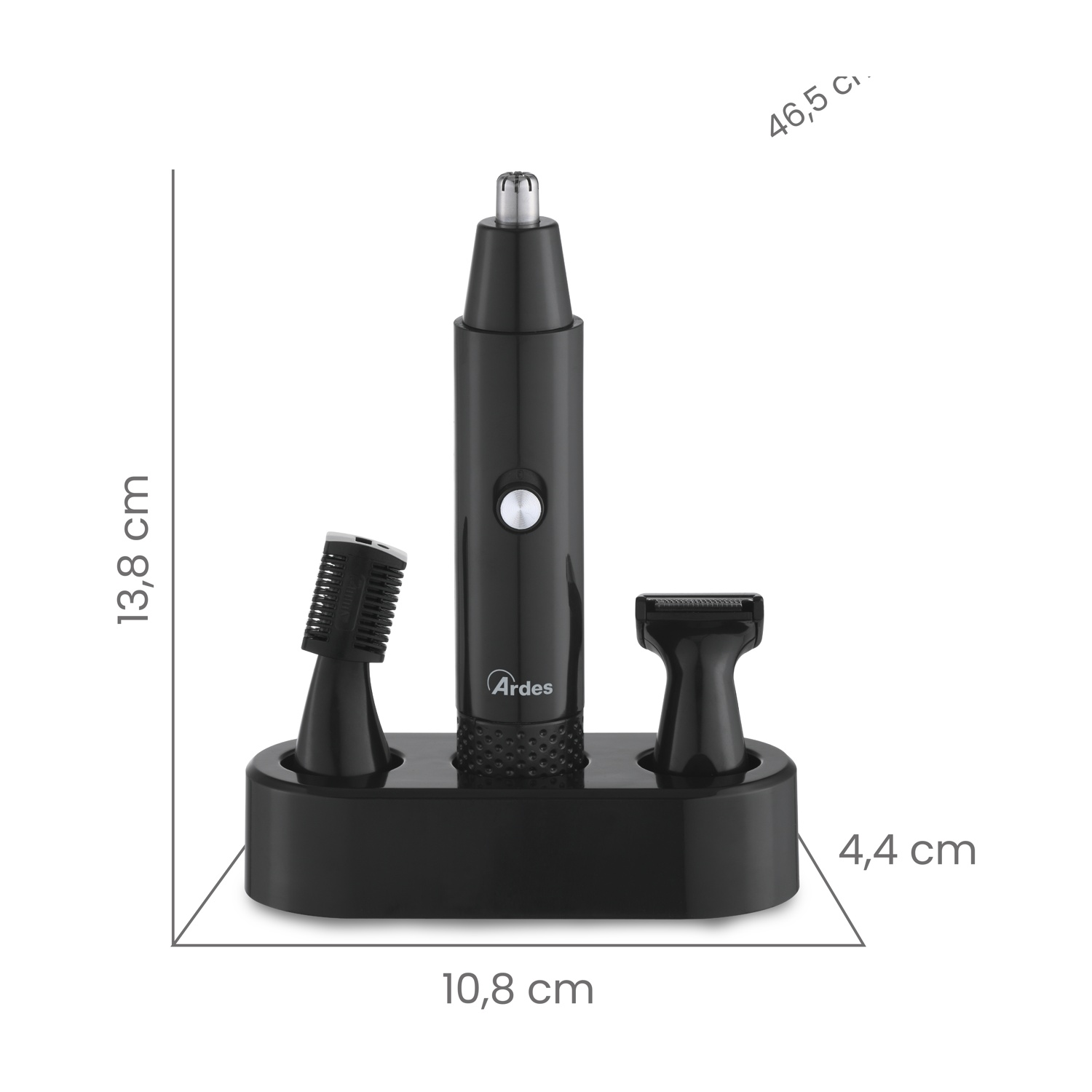 Trimmer per peli del naso nero e accessori su base nera. Le dimensioni sono indicate. Il marchio Ardes è visibile.