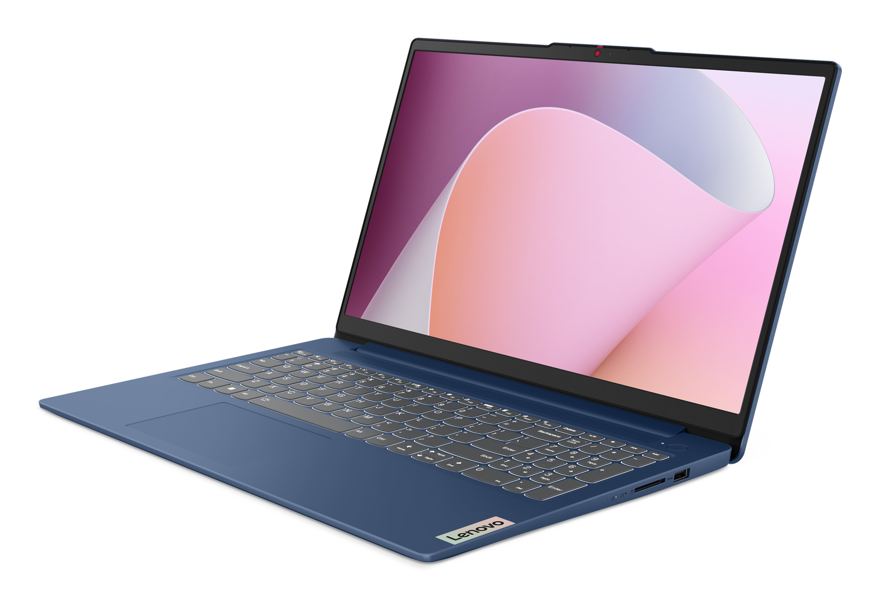 Niebieski laptop Lenovo na czarnym tle. Ekran wyświetla abstrakcyjny wzór w kolorze różowym i fioletowym. Klawiatura widoczna.