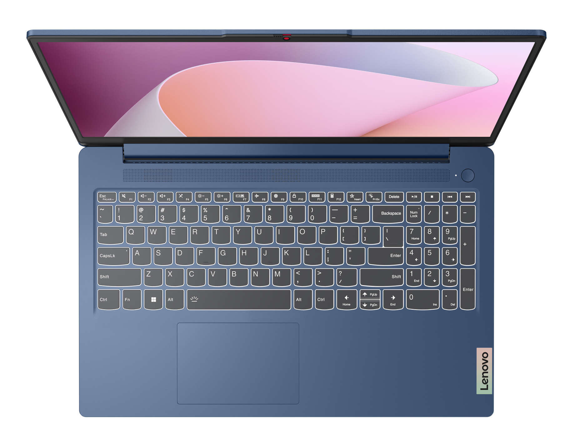 Niebieski laptop Lenovo otwarty na czarnej powierzchni. Klawiatura widoczna. Ekran z abstrakcyjnym różowo-białym wzorem.
