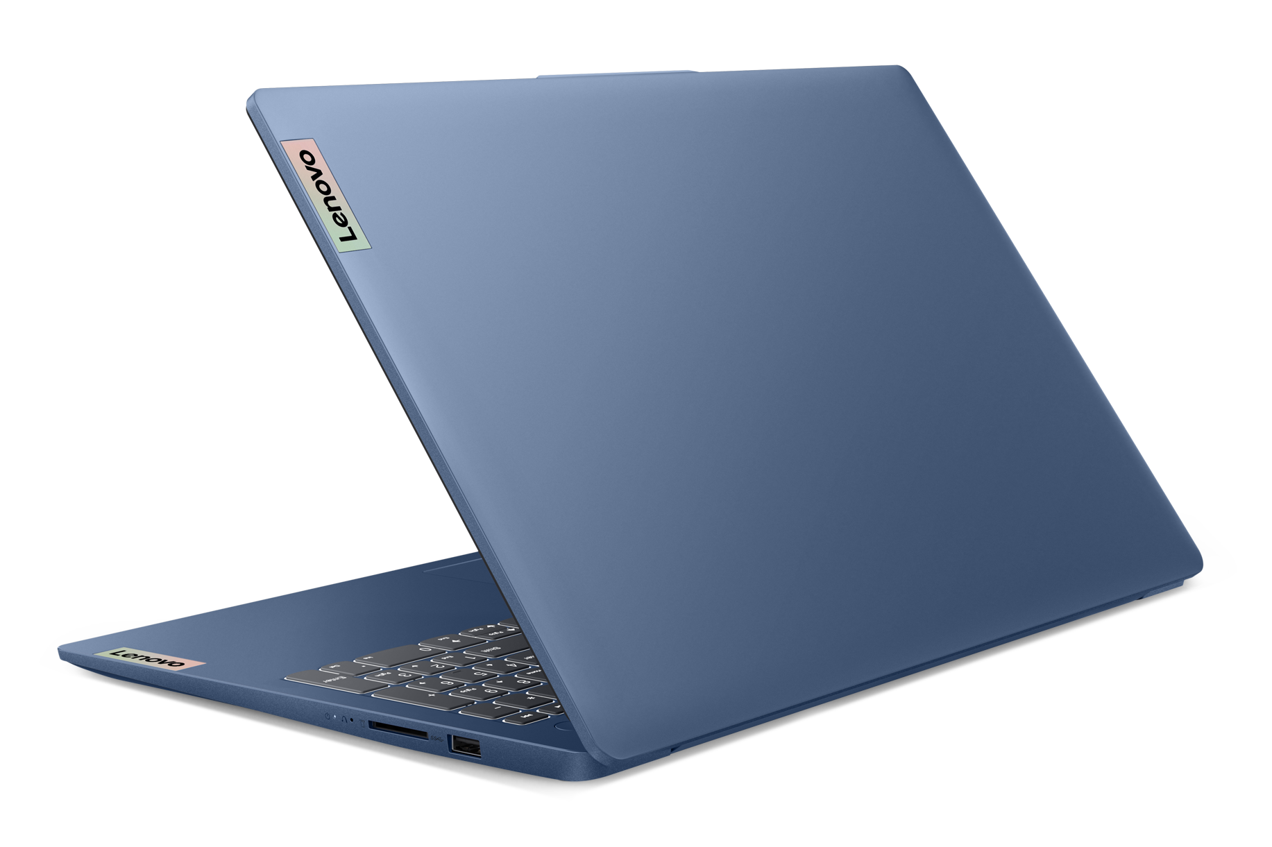 Niebieski laptop Lenovo jest otwarty na czarnym tle. Klawiatura jest widoczna, a ekran częściowo otwarty.