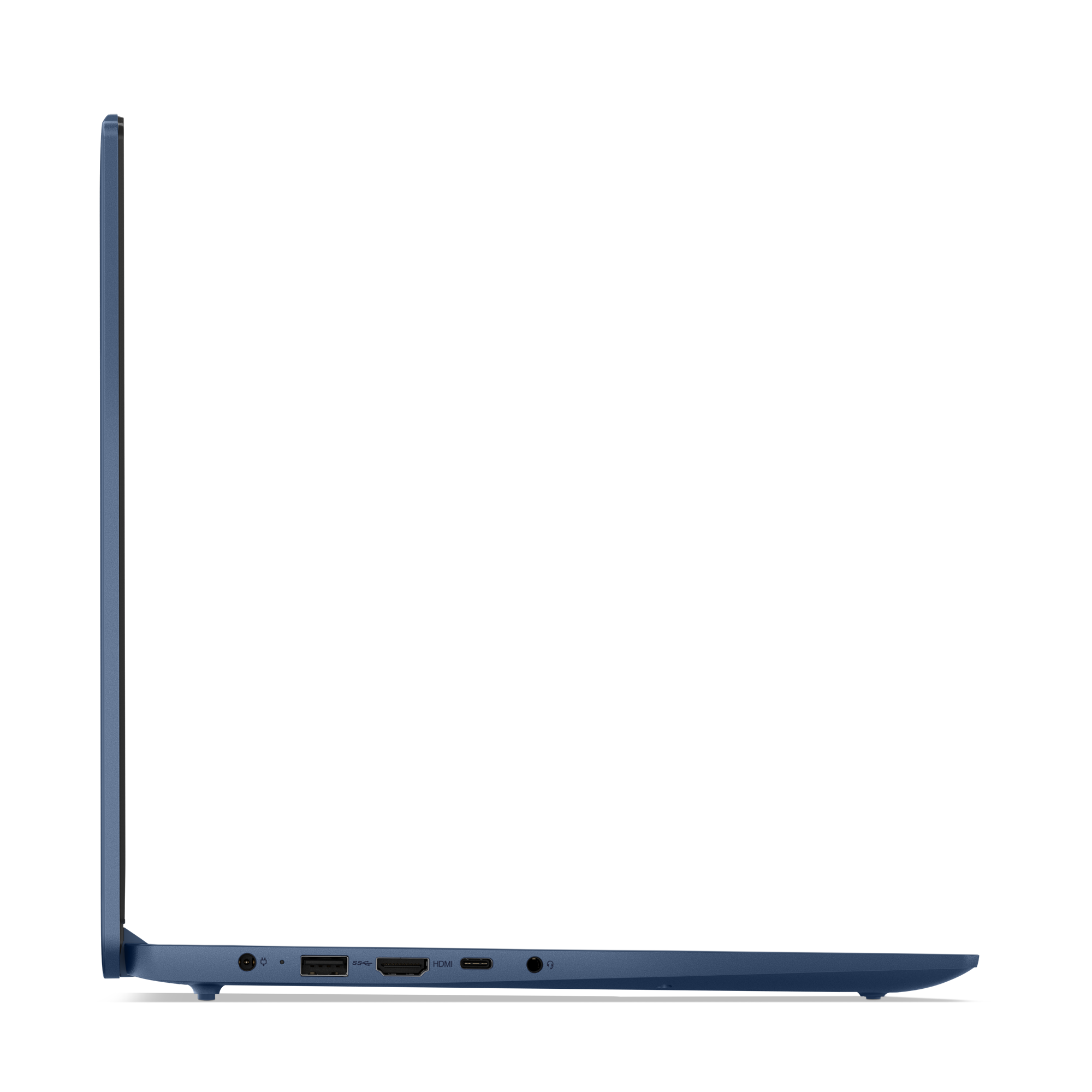 Widok z boku niebieskiego laptopa na czarnym tle. Widoczne porty i szczegóły.