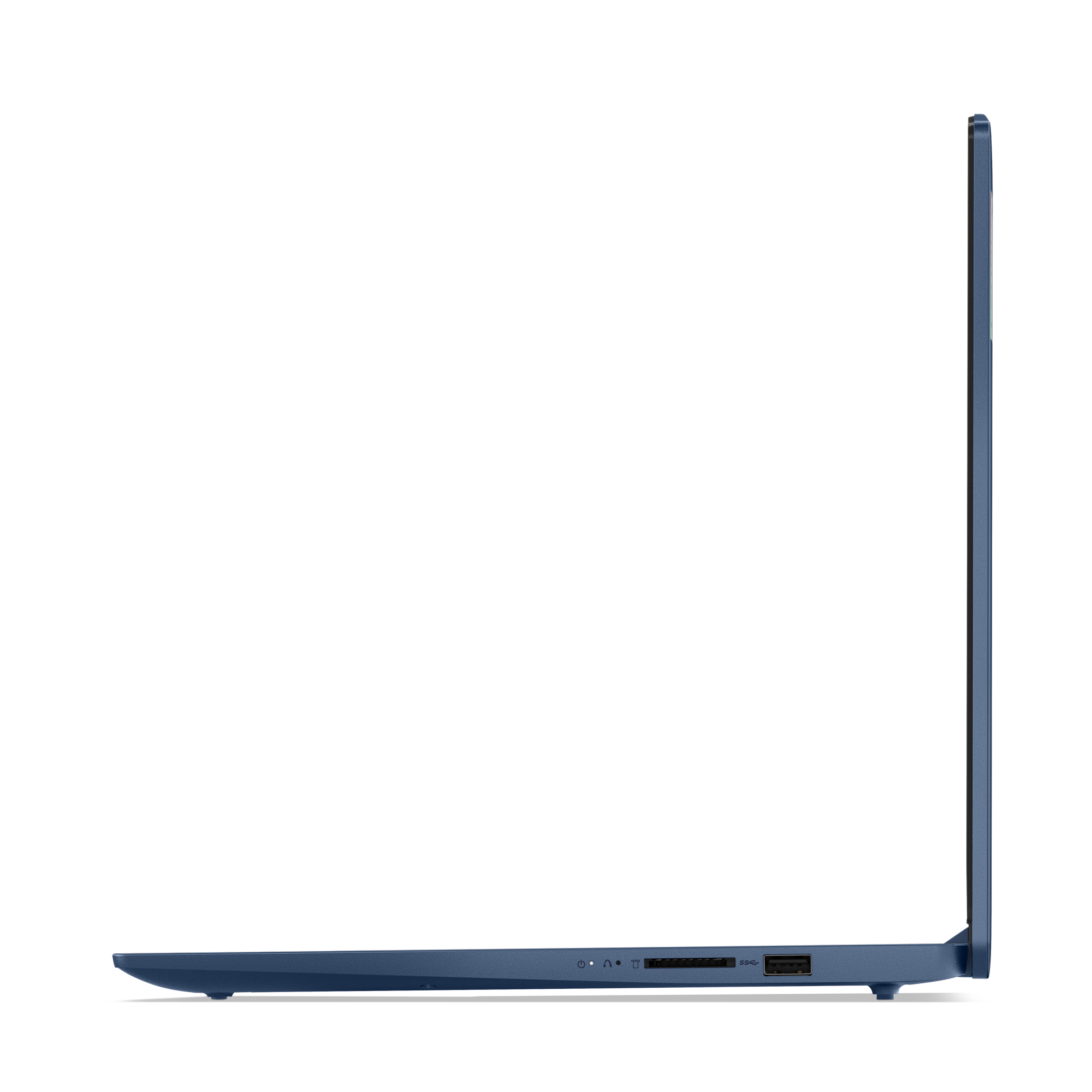Widok z boku niebieskiego laptopa. Widoczne porty. Ekran jest otwarty. Tło jest czarne.