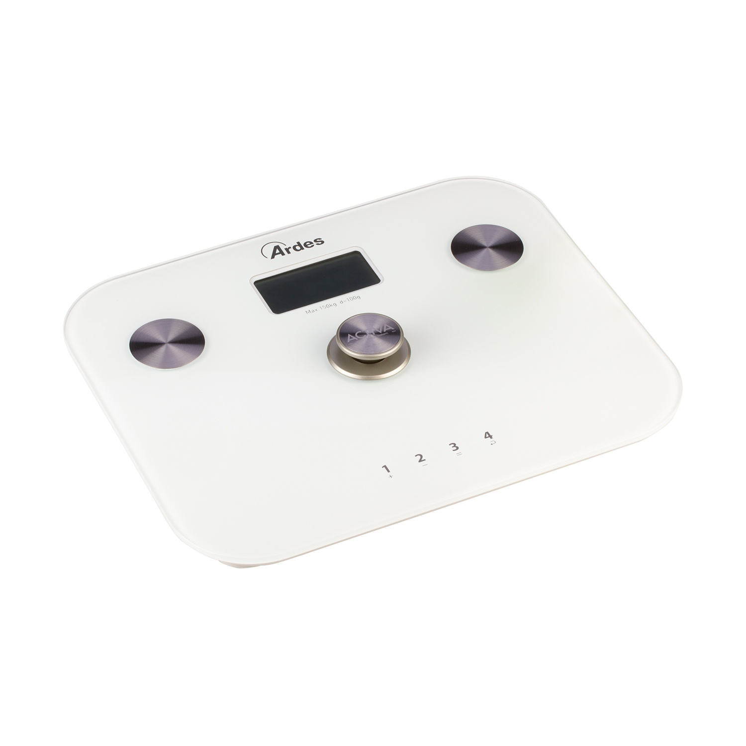 Bilancia da bagno digitale bianca con schermo LCD, quattro pulsanti e tre cerchi metallici argentati. Il marchio è Ardes.