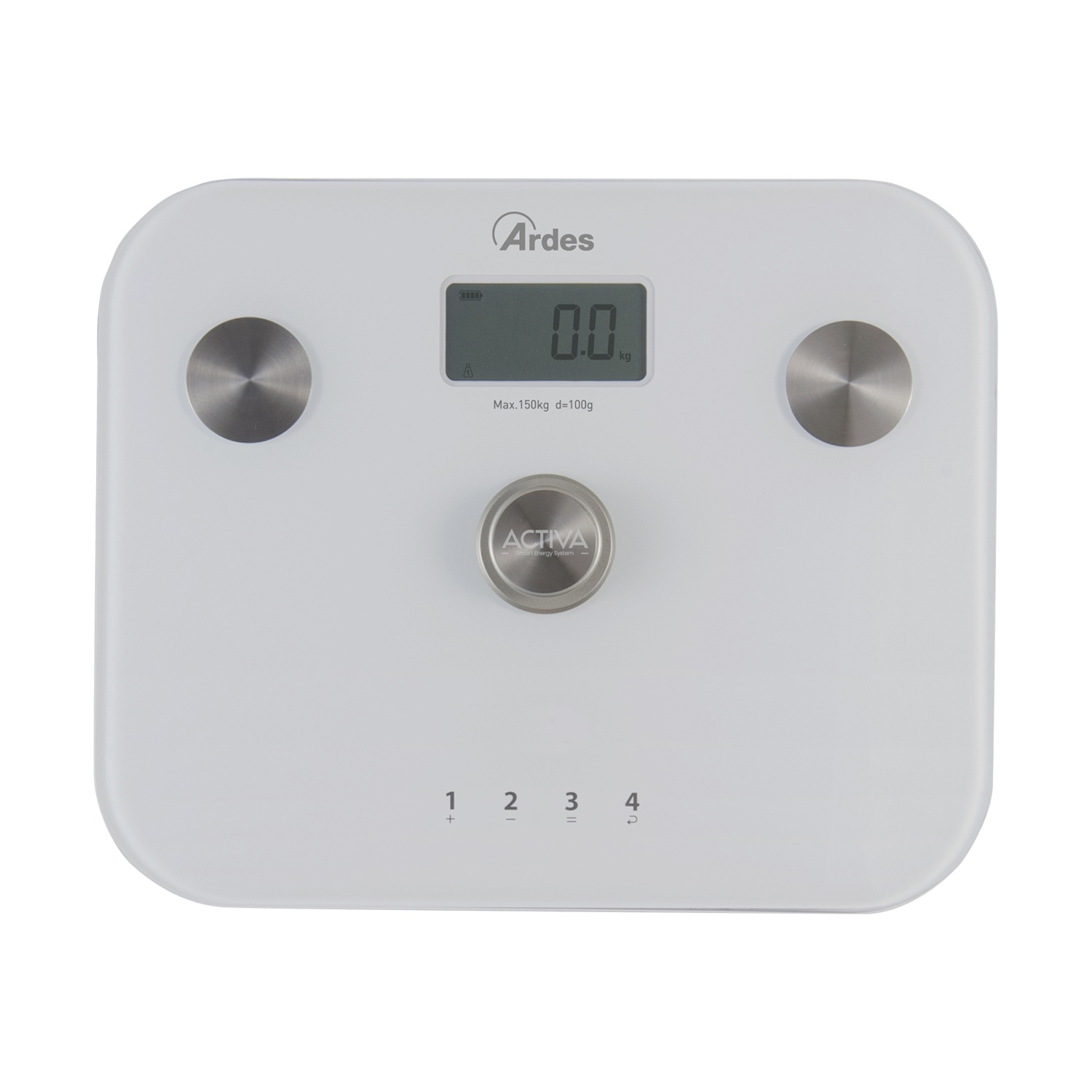Bilancia digitale bianca che mostra 0,0 kg. Ha pulsanti argentati ed è visibile il marchio Ardes.