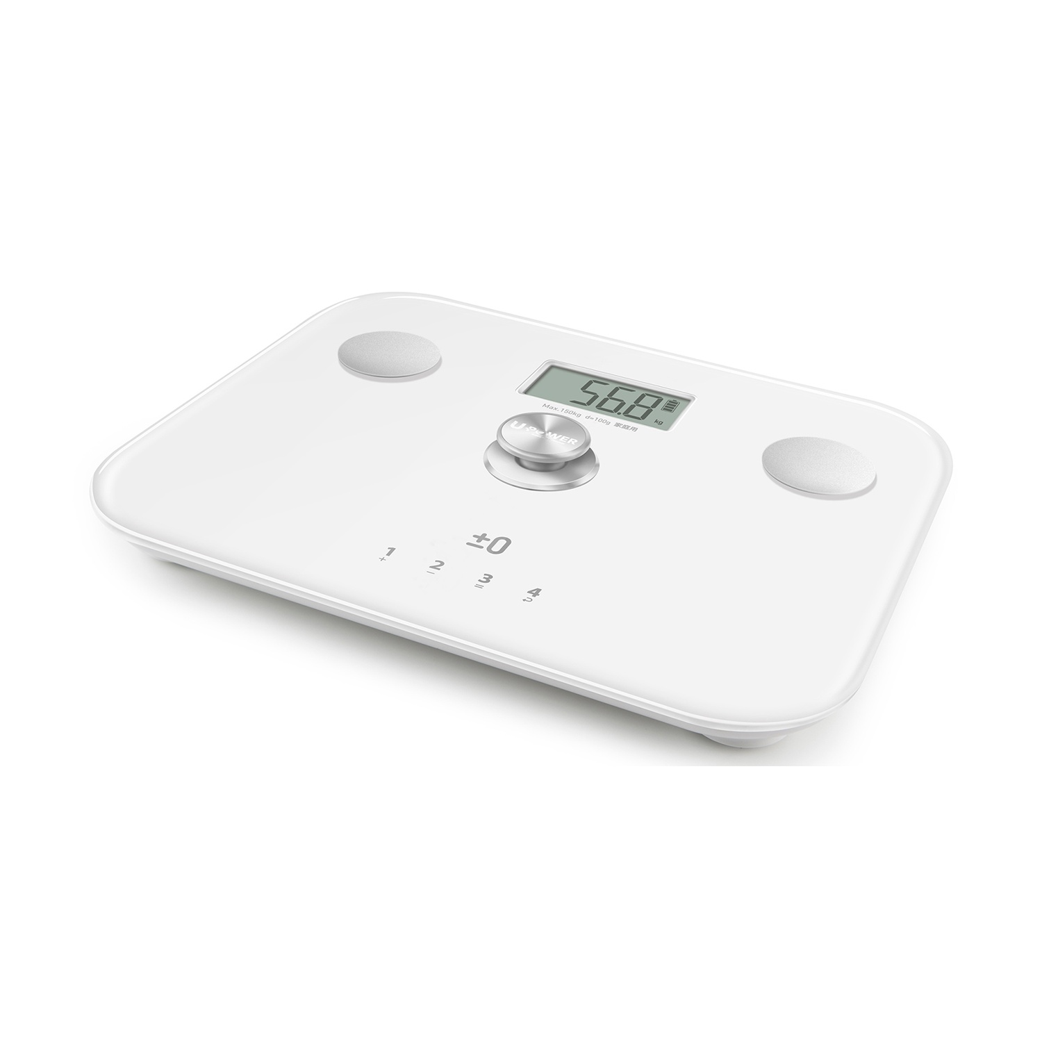 Una bilancia digitale bianca mostra 56,8 kg. Ha quattro cuscinetti argentati, un pulsante centrale e un display digitale. Il marchio è UPWER.
