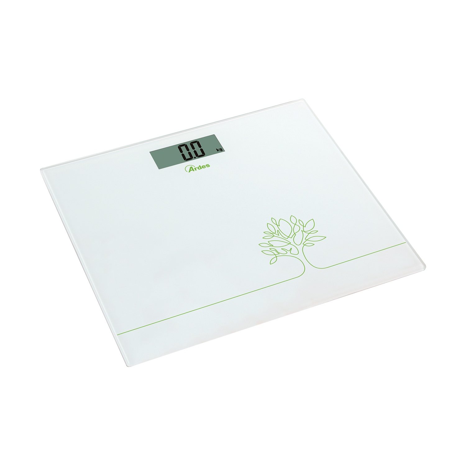 Bilancia da bagno digitale rettangolare bianca. Visualizza 0,0 kg. Presenta un design ad albero verde e il marchio Ardes.