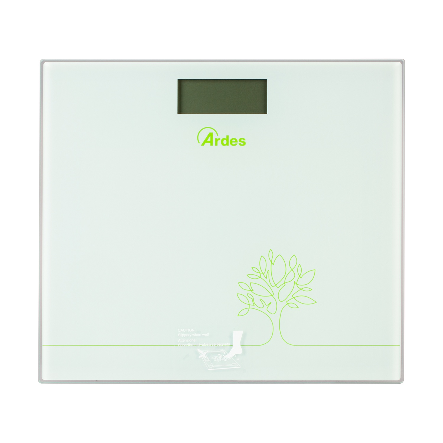 Bilancia da bagno digitale bianca con dettagli verdi. Presenta display, logo e illustrazione di un albero. Testo di attenzione in basso.
