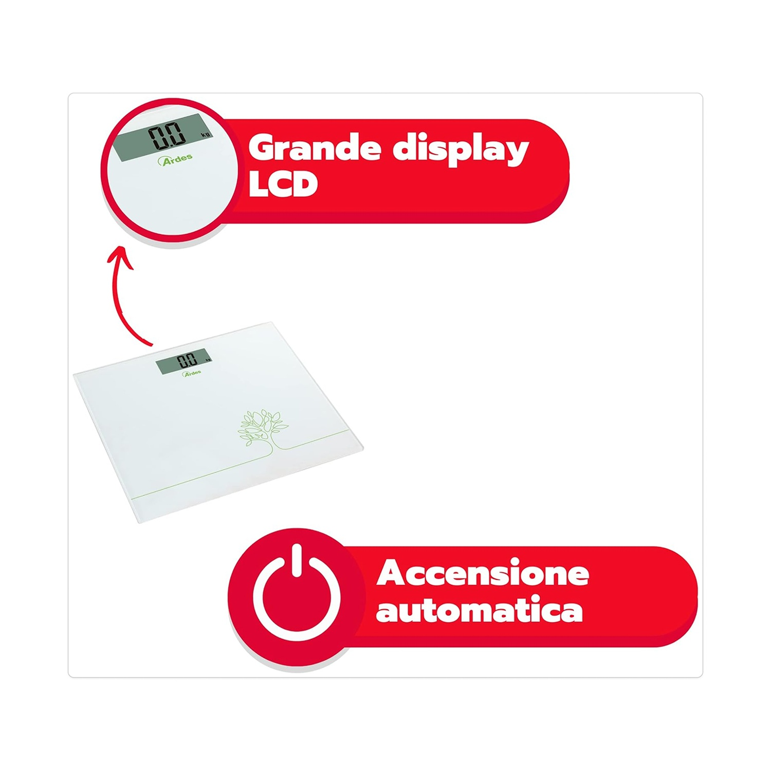 Una bilancia digitale bianca con un design ad albero verde. Uno striscione rosso con le parole "Grande display LCD" e "Accensione automatica".