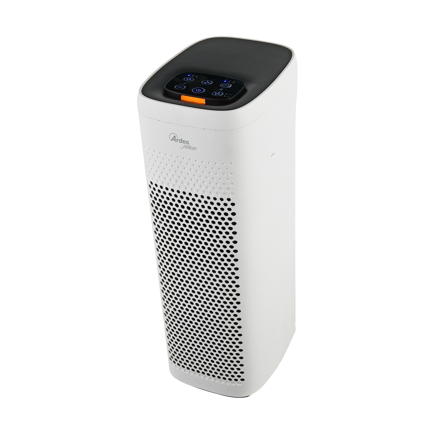Purificatore d'aria bianco con parte superiore e pannello di controllo neri. Ha un fronte perforato e il marchio Ardes.