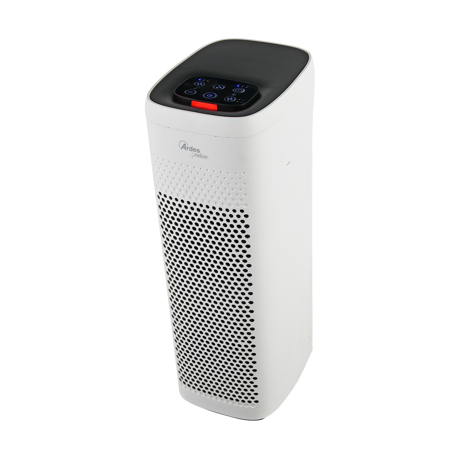 Un purificatore d'aria bianco con la parte superiore nera. Ha un pannello di controllo e una parte anteriore perforata per l'aspirazione dell'aria.