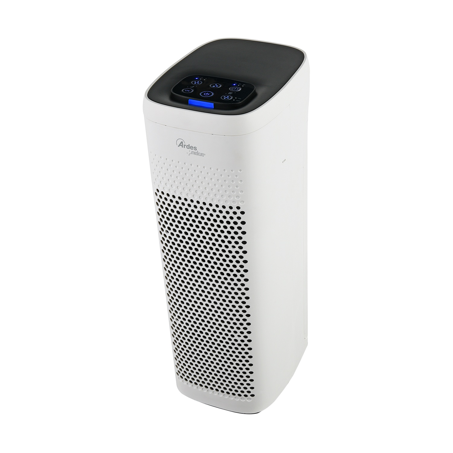 Un purificatore d'aria bianco con parte superiore e pannello di controllo neri. Ha un frontale perforato e il marchio Ardes.