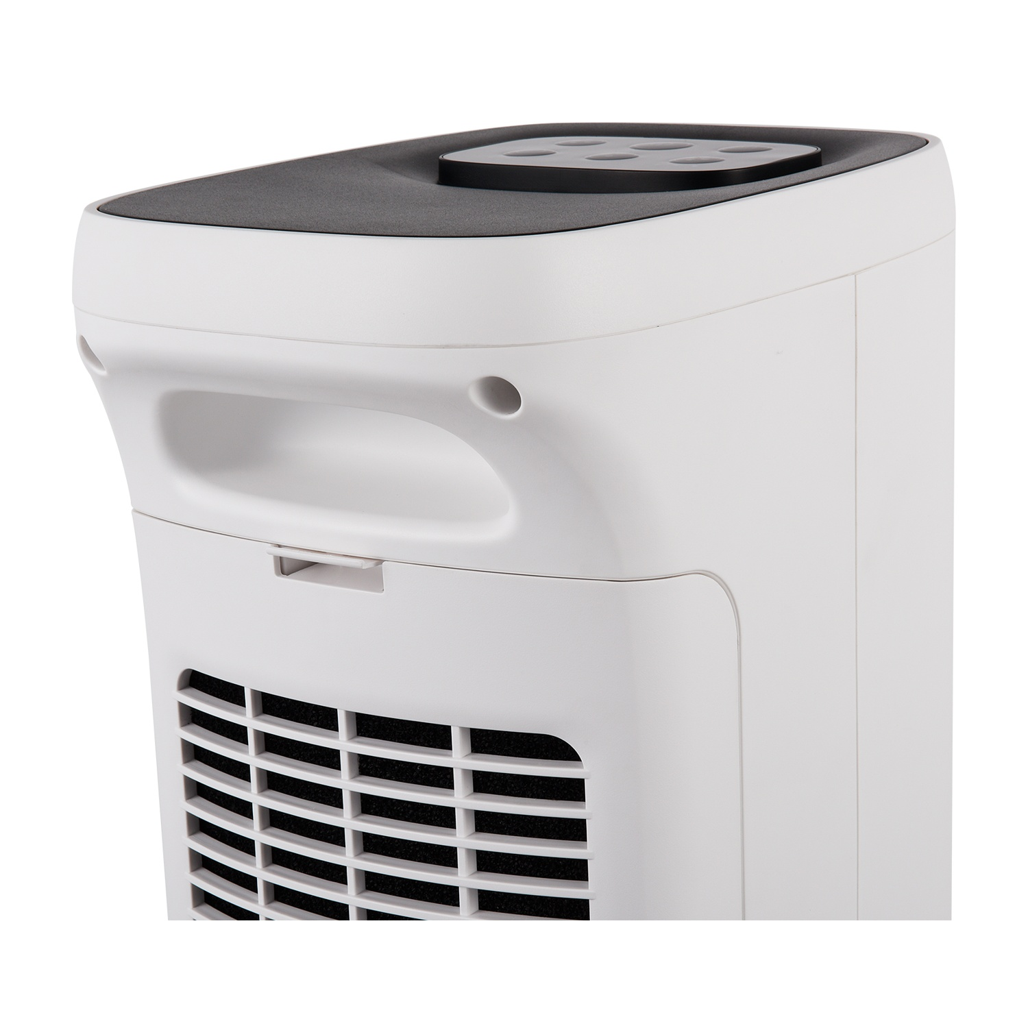 Un purificatore d'aria bianco con parte superiore grigio scuro e filtro nero. Ha una maniglia e una presa d'aria.