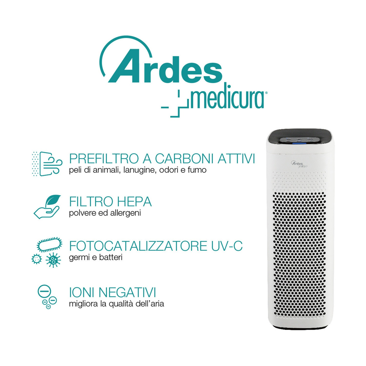Un purificatore d'aria bianco con parte superiore nera. Il testo descrive i filtri: carbone attivo, HEPA, UV-C e ioni negativi. Il marchio è Ardes.