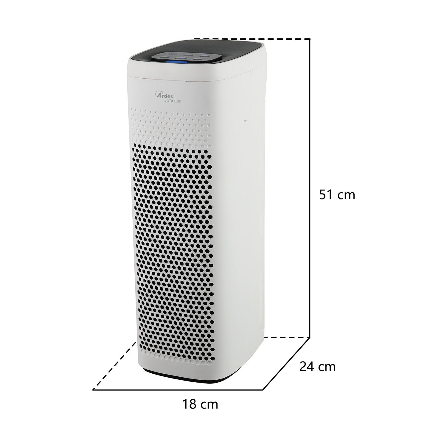 Un purificatore d'aria bianco con dimensioni: 51 cm altezza, 24 cm larghezza e 18 cm profondità. Ha un top nero.