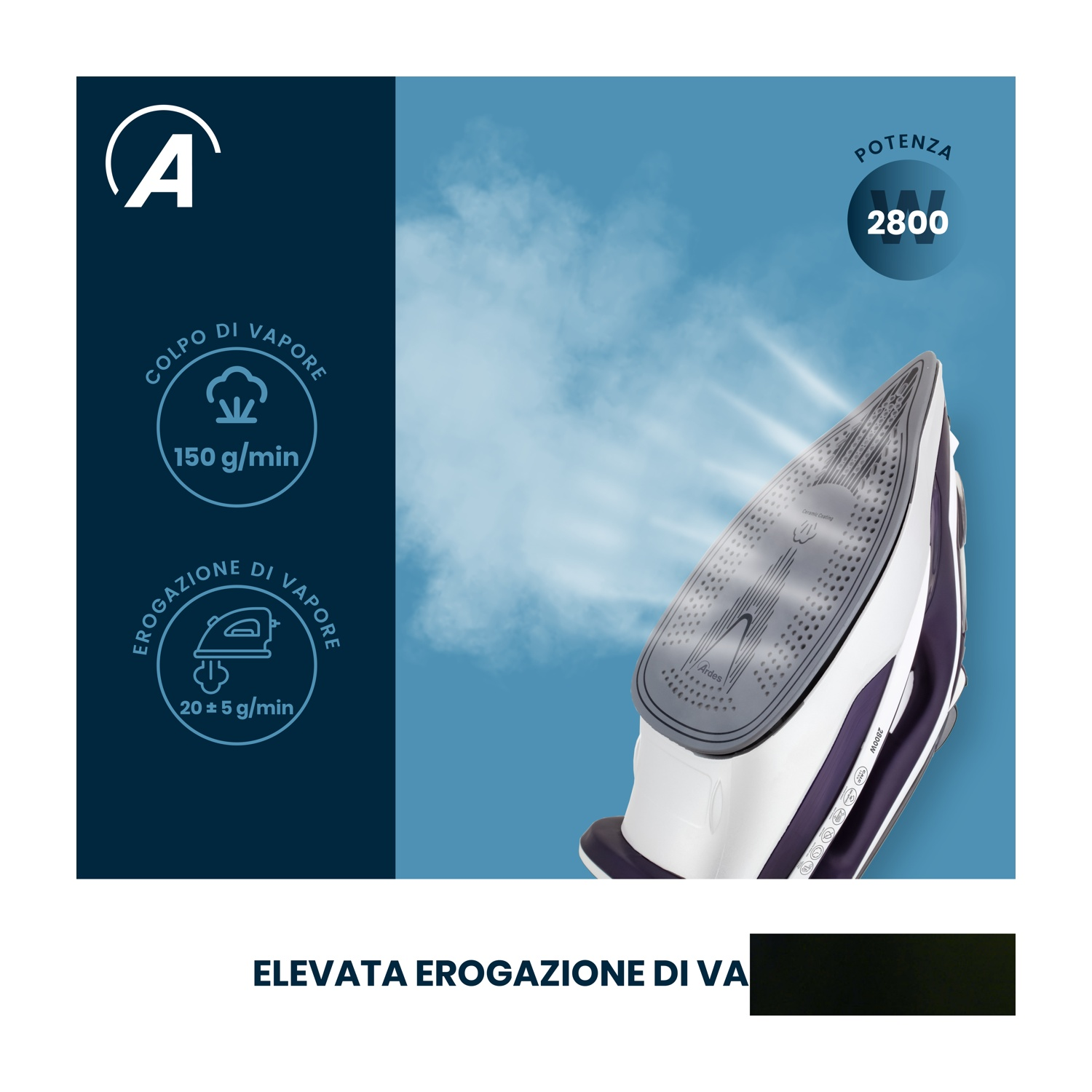 Un ferro da stiro a vapore con un design bianco e viola. L'immagine mostra specifiche come potenza (2800W) e uscita vapore (150 g/min).
