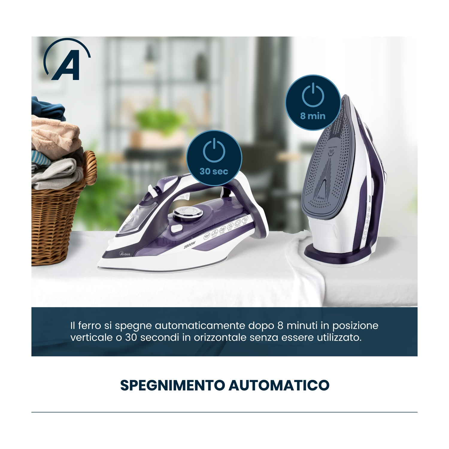 Un ferro da stiro dal design viola e bianco, posto su una superficie bianca. A sinistra è visibile un cesto di vestiti. Il ferro ha un timer di 30 secondi e 8 minuti.