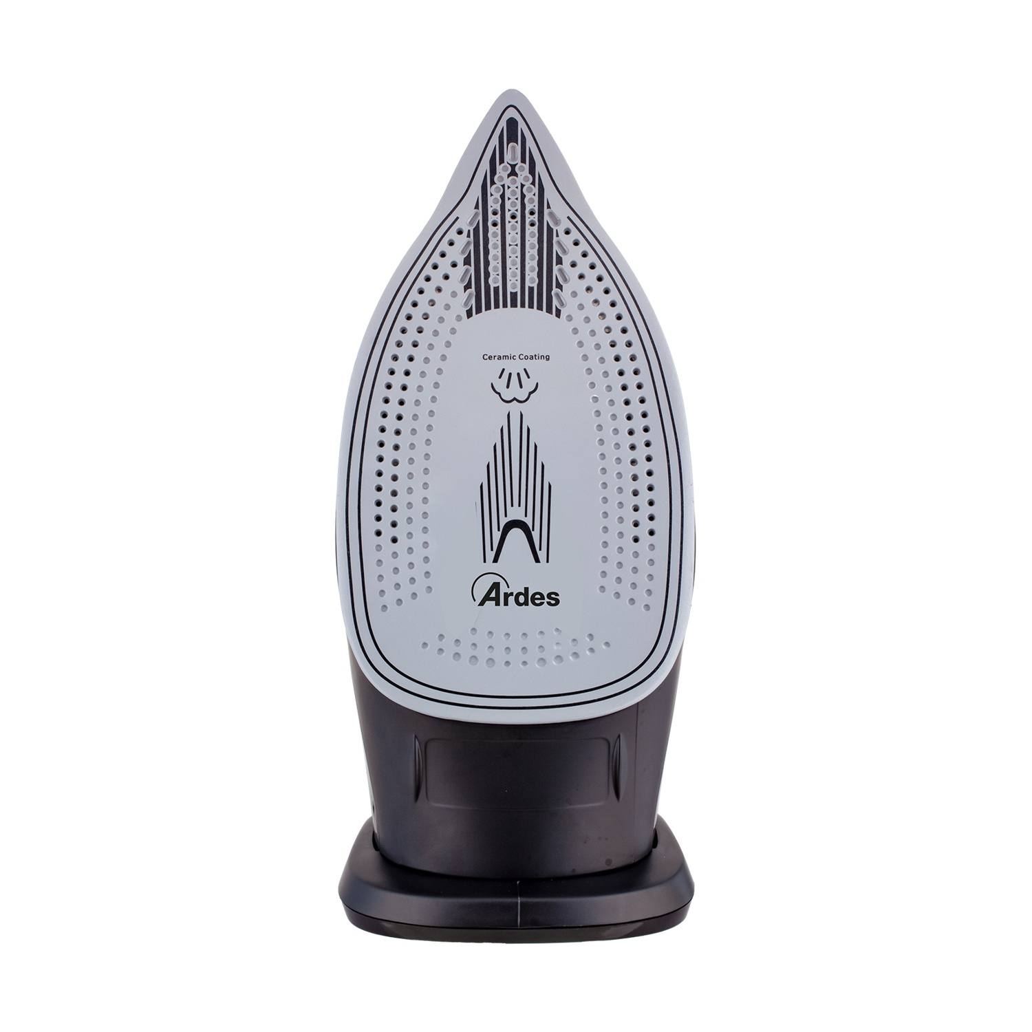 Un ferro da stiro, bianco e nero, su sfondo bianco. Il marchio "Ardes" è visibile. Ha un rivestimento in ceramica.