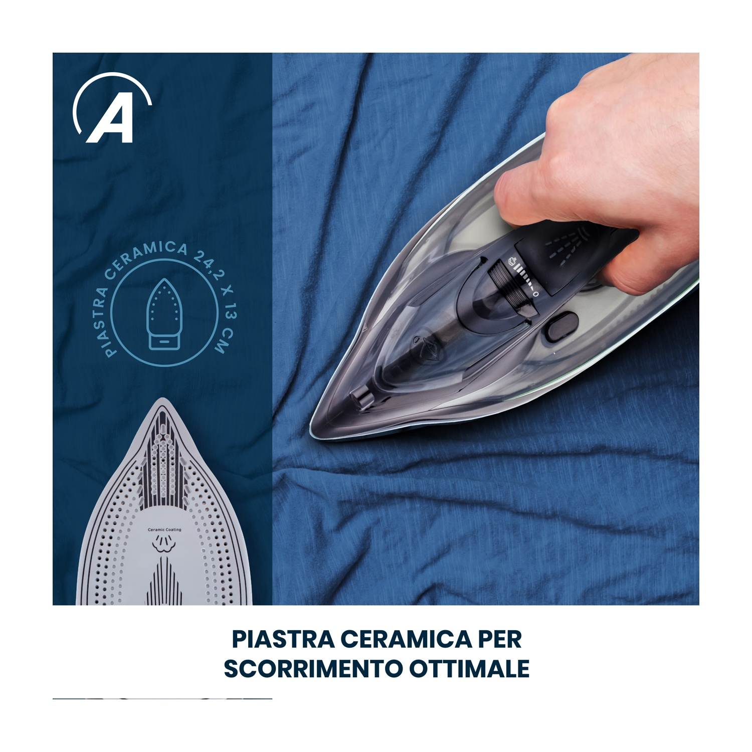 Una mano tiene un ferro da stiro nero su tessuto blu. La piastra in ceramica del ferro è visibile. Testo: PIASTRA CERAMICA.