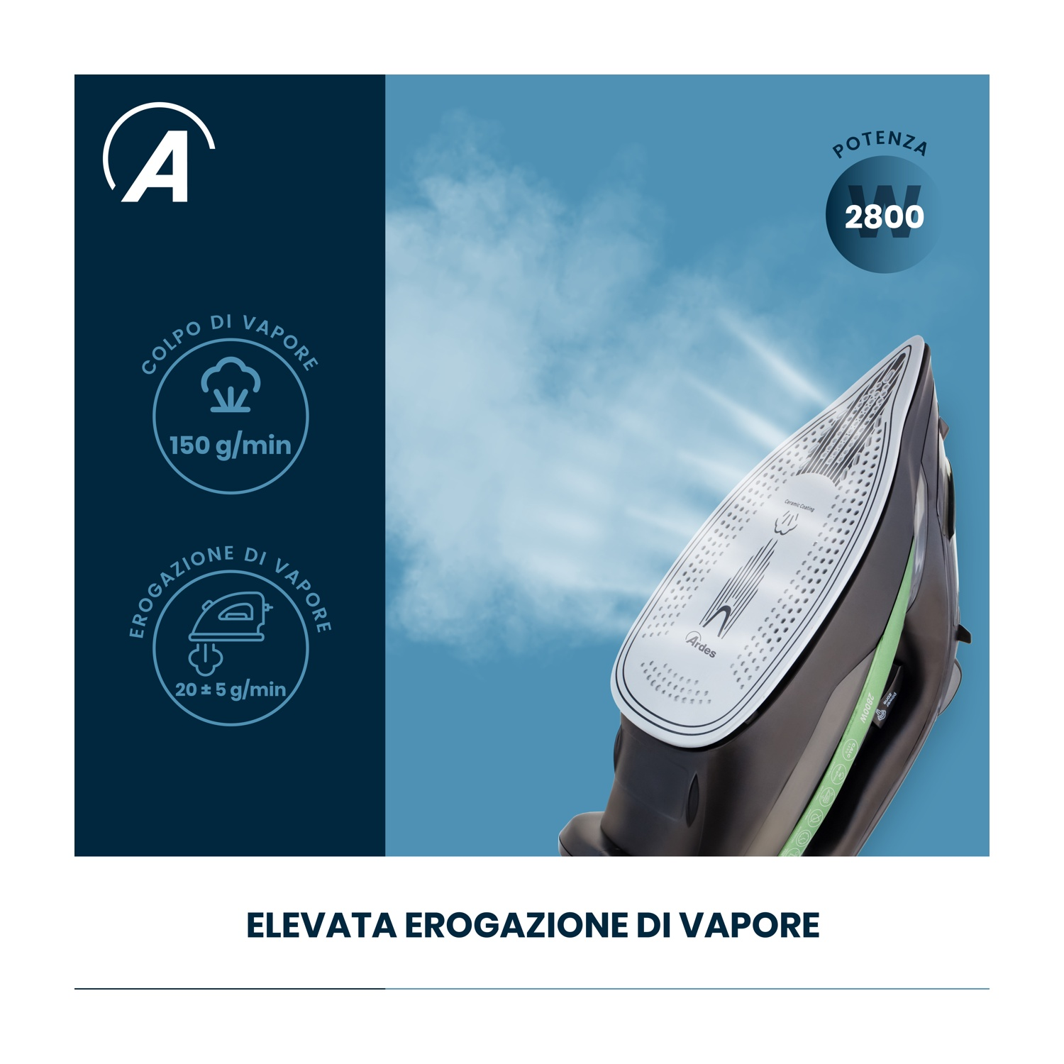 Un ferro da stiro a vapore, dettagli neri e verdi, con testo su potenza e uscita vapore su sfondo blu e bianco.