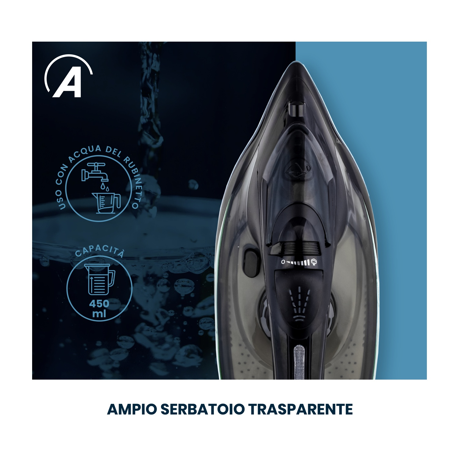 Un ferro da stiro nero trasparente con dettagli blu. Grafiche indicano l'uso dell'acqua e la capacità (450 ml). Testo: Ampio serbatoio trasparente.