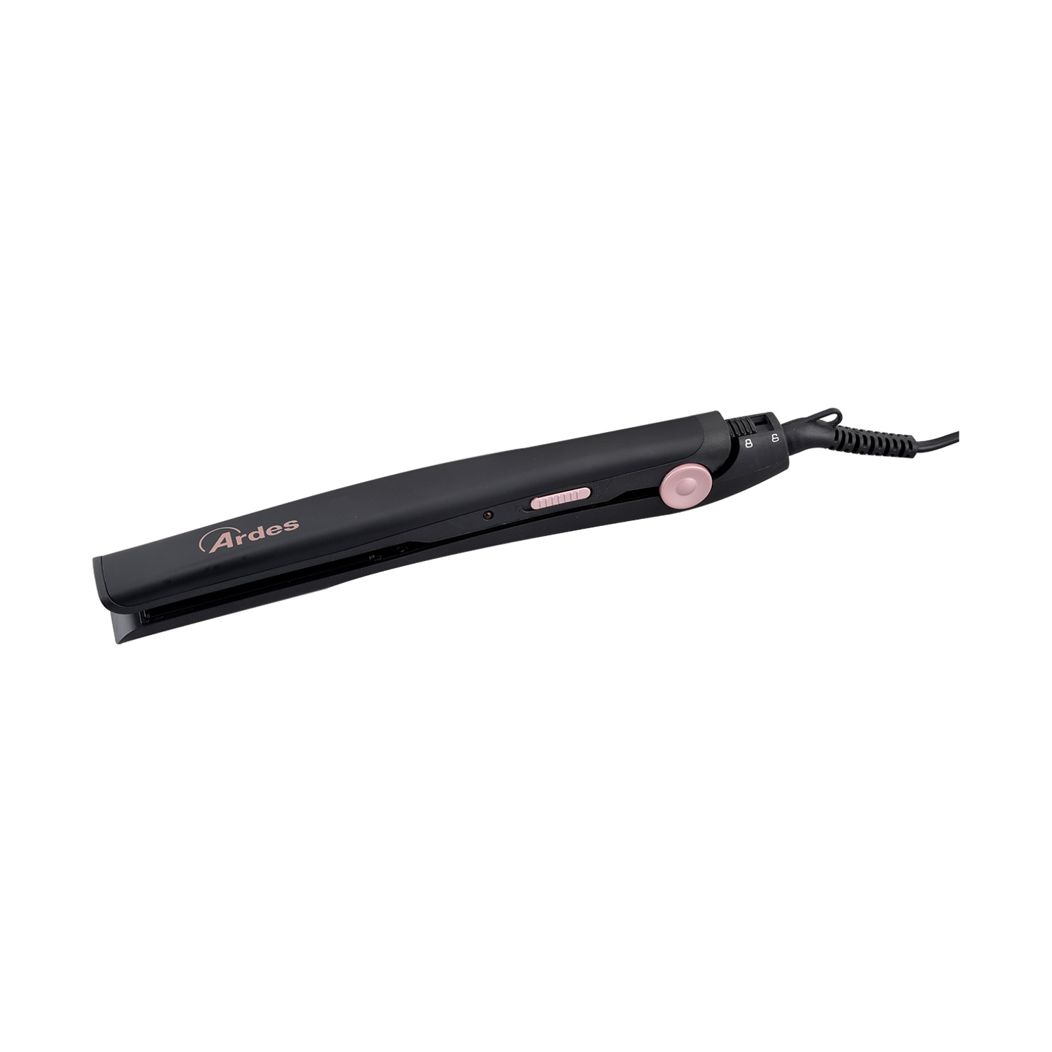 Una piastra per capelli Ardes nera con dettagli rosa. Ha un pulsante di accensione rosa e un cavo nero. Lo sfondo è bianco.