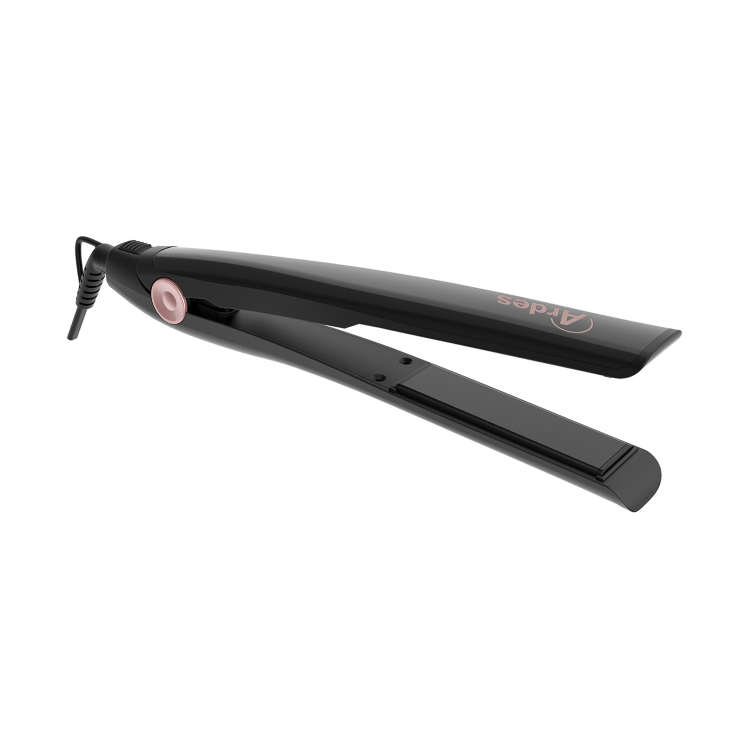 Una piastra per capelli nera con un accento oro rosa, marchio Ardes. È aperta, mostrando le piastre riscaldate. Un cavo è collegato al manico.