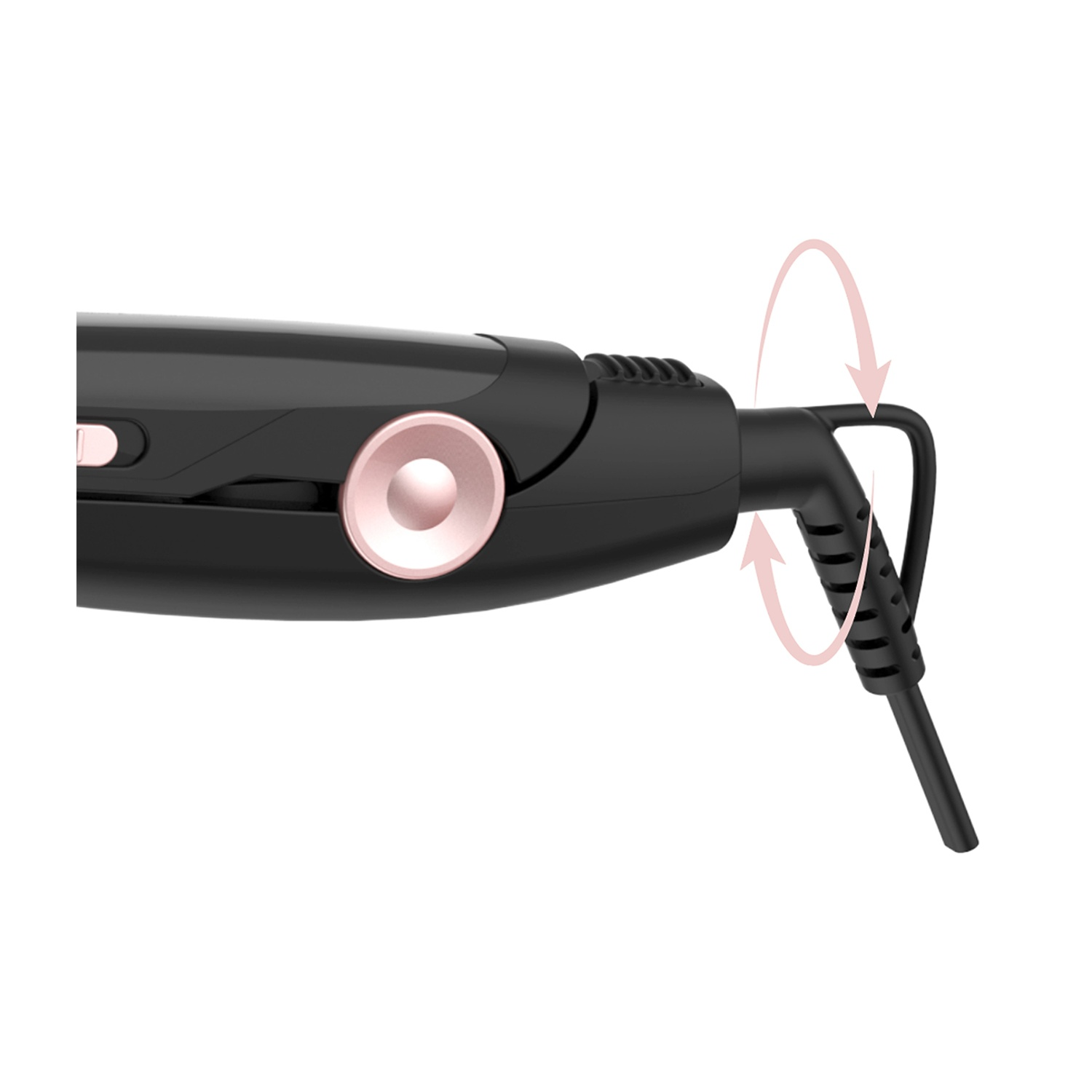 Una piastra per capelli nera e oro rosa con un cavo di alimentazione girevole. Le frecce indicano il movimento.