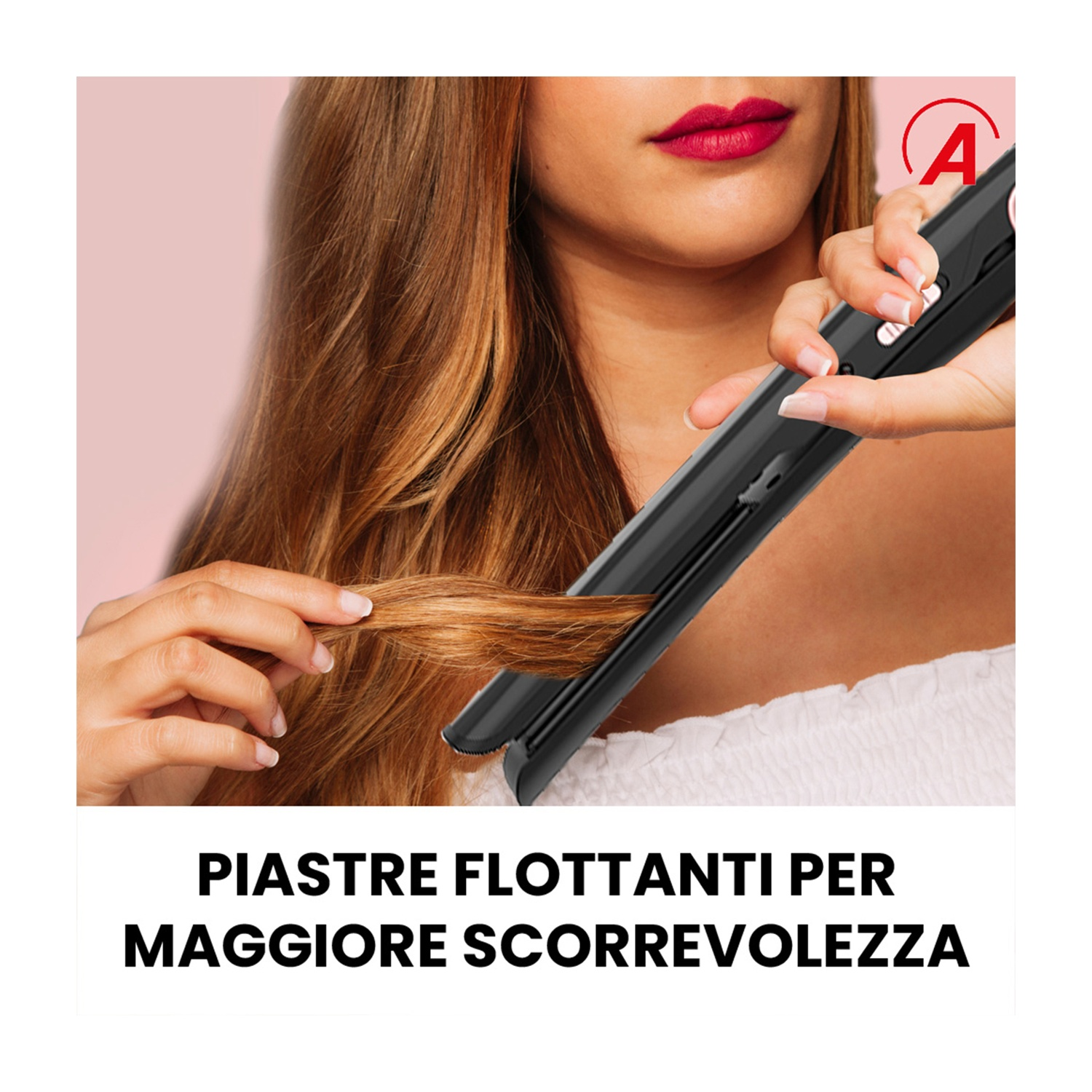Donna che usa una piastra nera sui suoi capelli castani. Lo sfondo è rosa chiaro con testo bianco in basso.