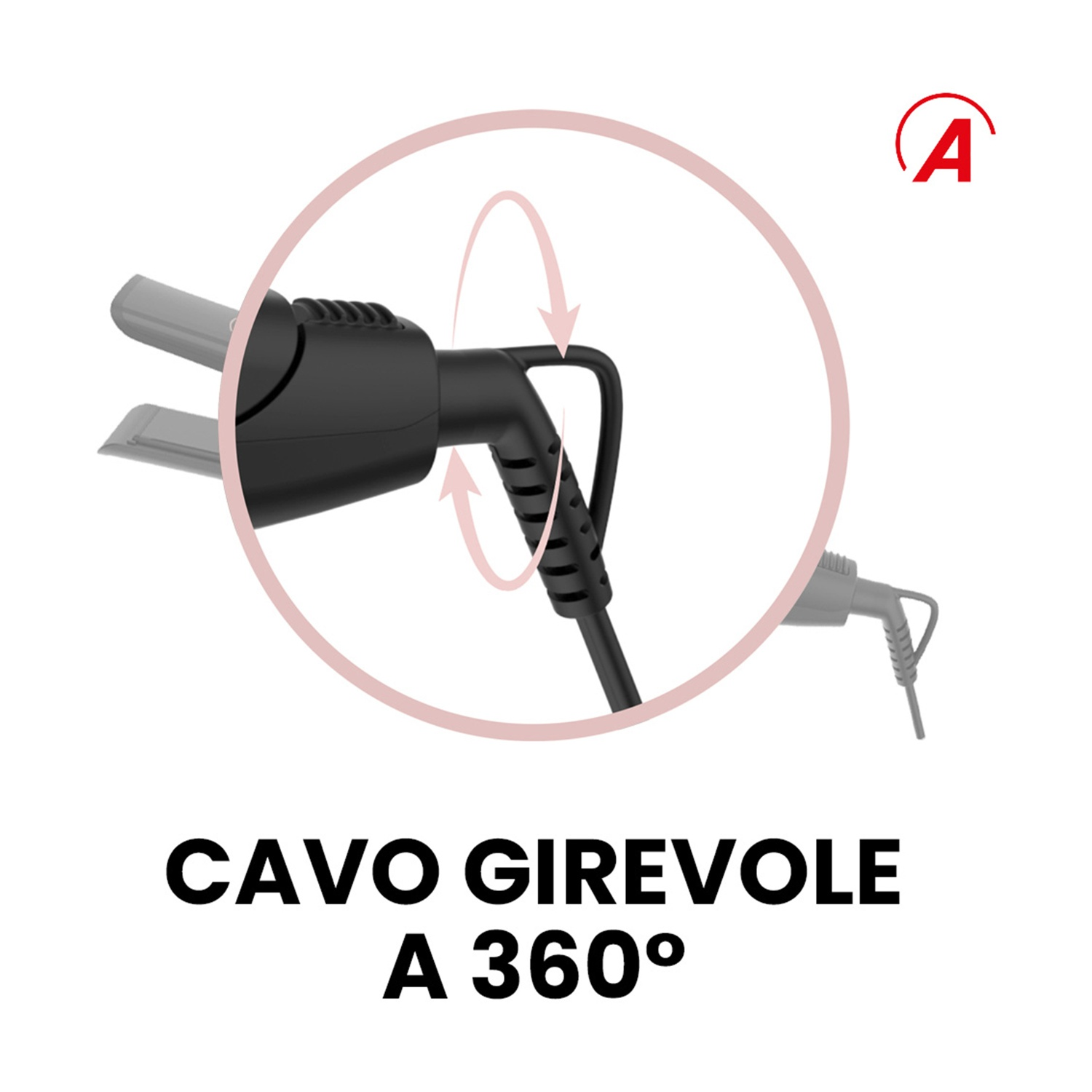 Viene mostrata una piastra per capelli nera con cavo girevole a 360°. Il testo recita: 'CAVO GIREVOLE A 360°'.