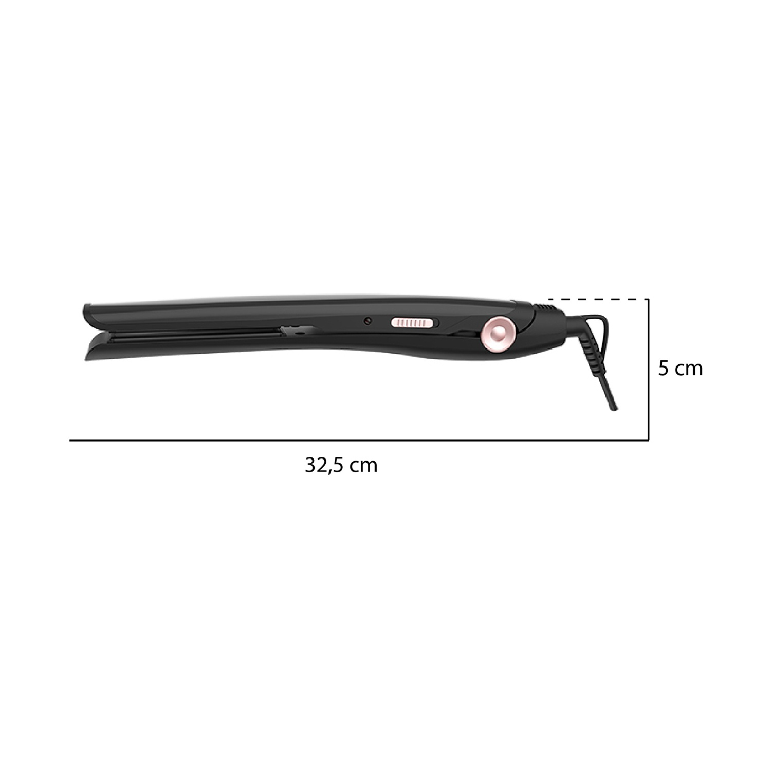 Piastra per capelli nera, lunga 32,5 cm, con un accento oro rosa e cavo di alimentazione. Dimensioni: 32,5 cm x 5 cm.