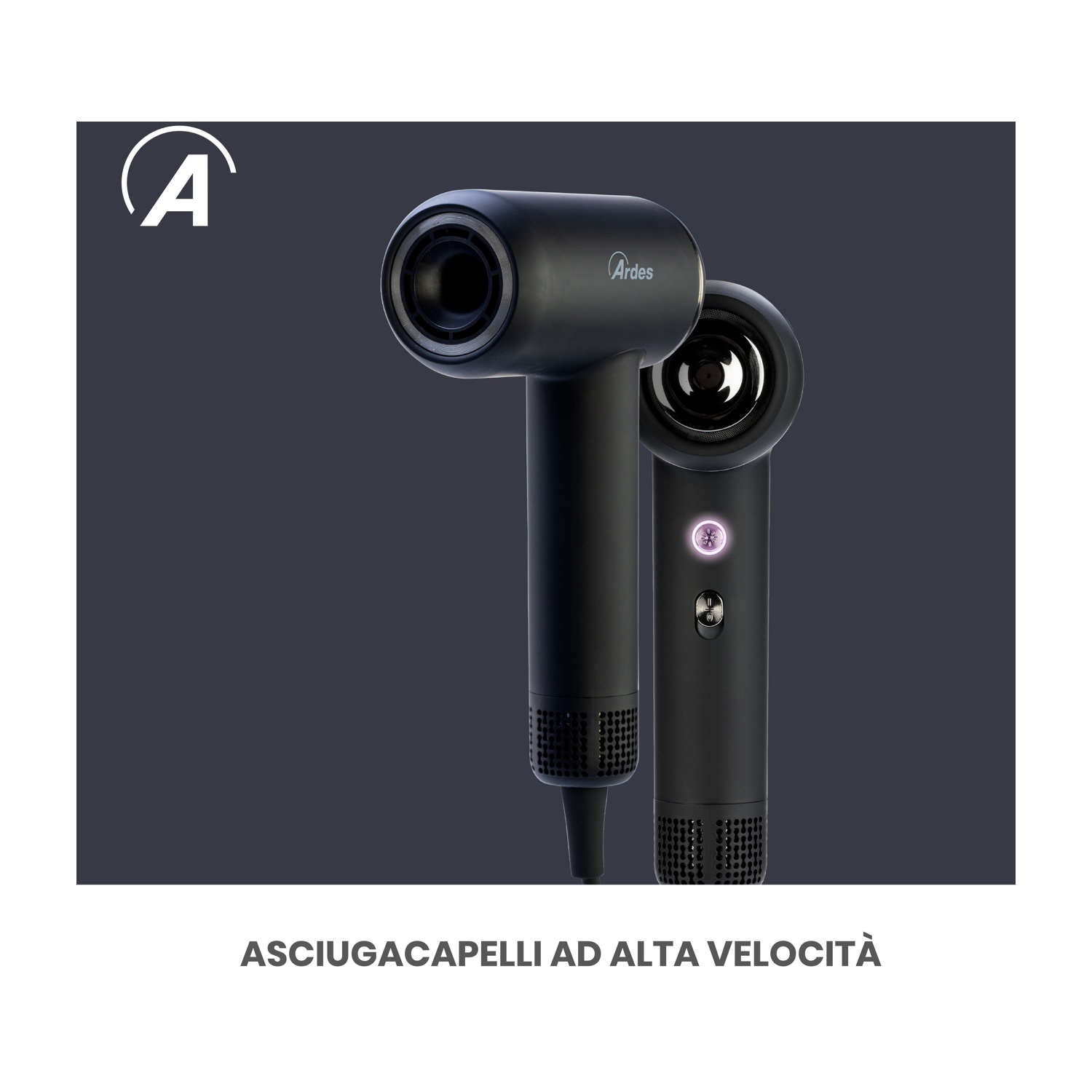 Due asciugacapelli neri su sfondo scuro. La parola "Ardes" è visibile su uno. Gli asciugacapelli hanno un design moderno.