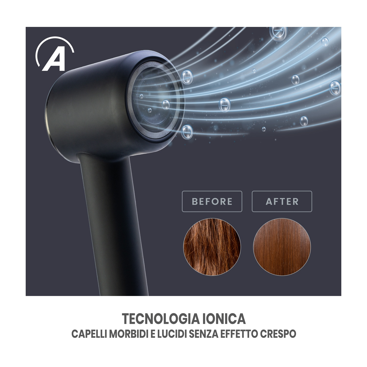 Asciugacapelli nero con effetto aria blu. Immagini prima e dopo mostrano capelli crespi a lisci. Testo: Tecnologia ionica, capelli morbidi e lucenti.
