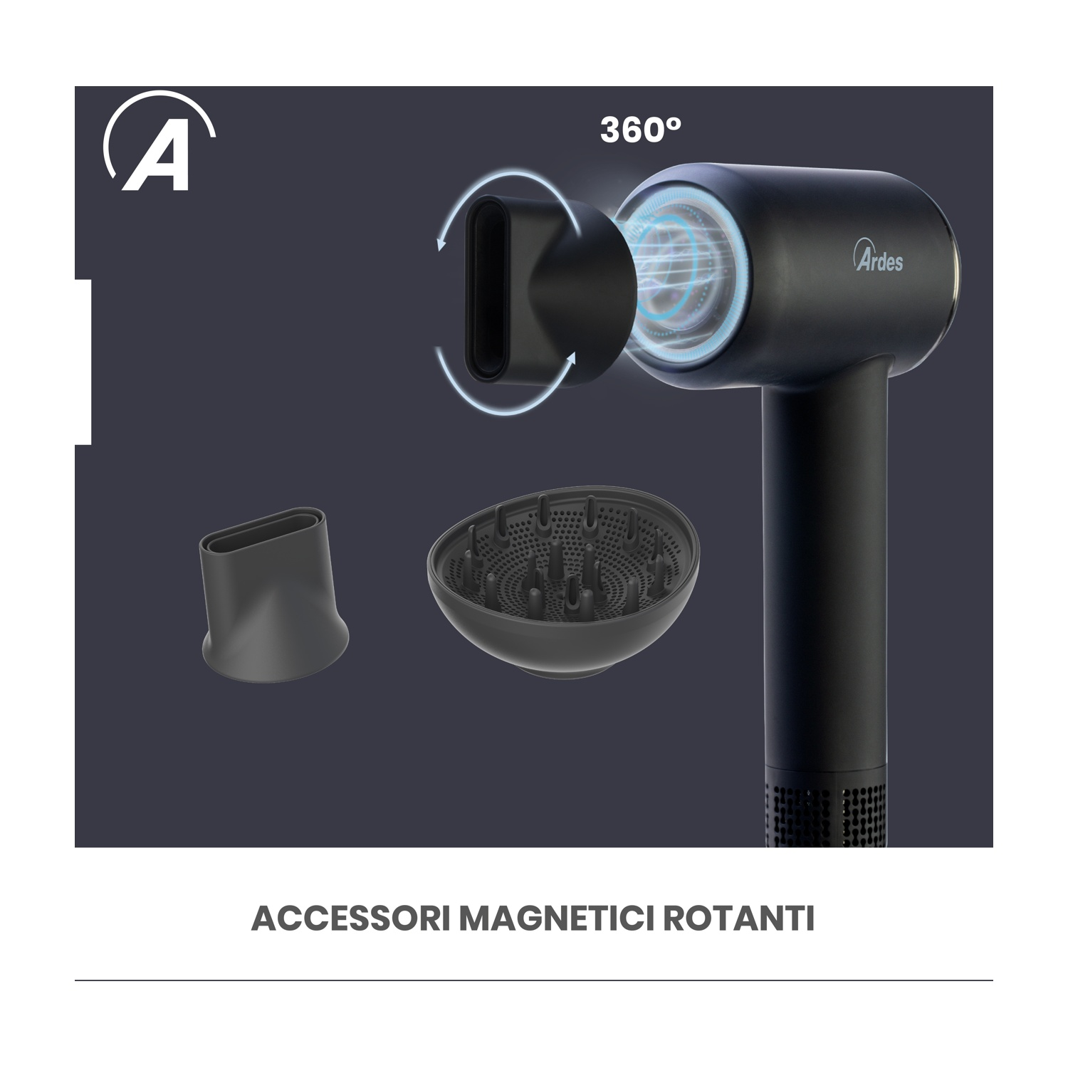 Asciugacapelli nero con accessori. Include concentratore, diffusore e attacchi magnetici rotanti. Marchio Ardes. Sfondo scuro.
