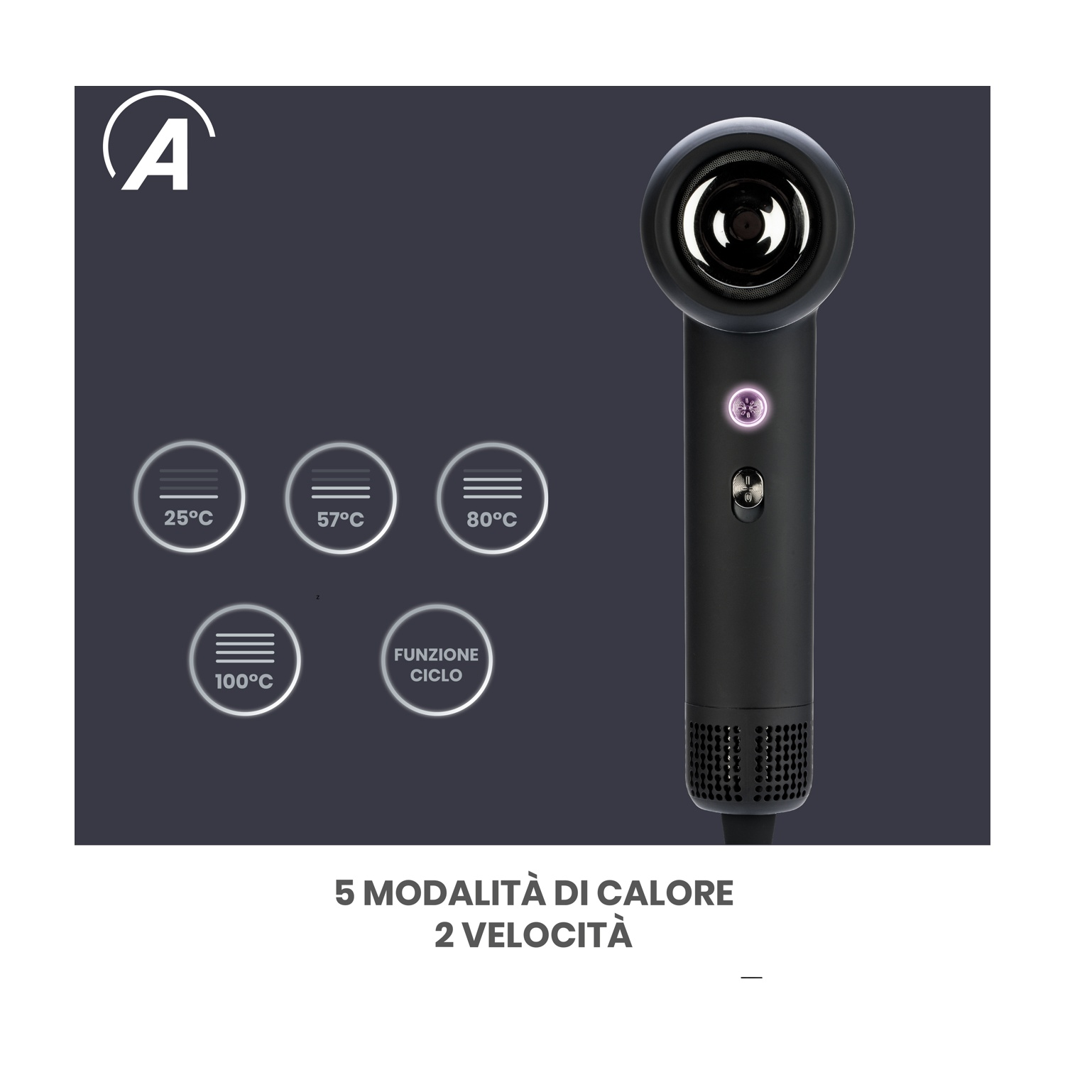 Asciugacapelli nero con impostazioni di temperatura. I pulsanti mostrano diversi livelli di calore. Testo: '5 modalità di calore, 2 velocità'.