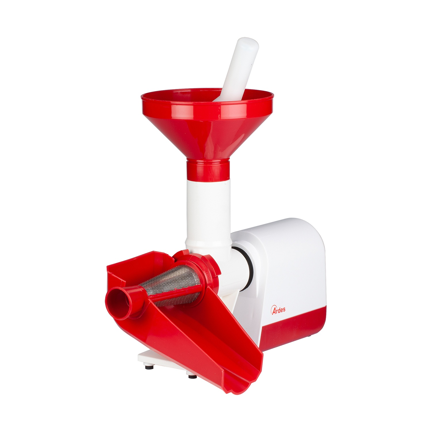 Una pressa per pomodori rossa e bianca. Ha un imbuto, un filtro e un manico bianco.